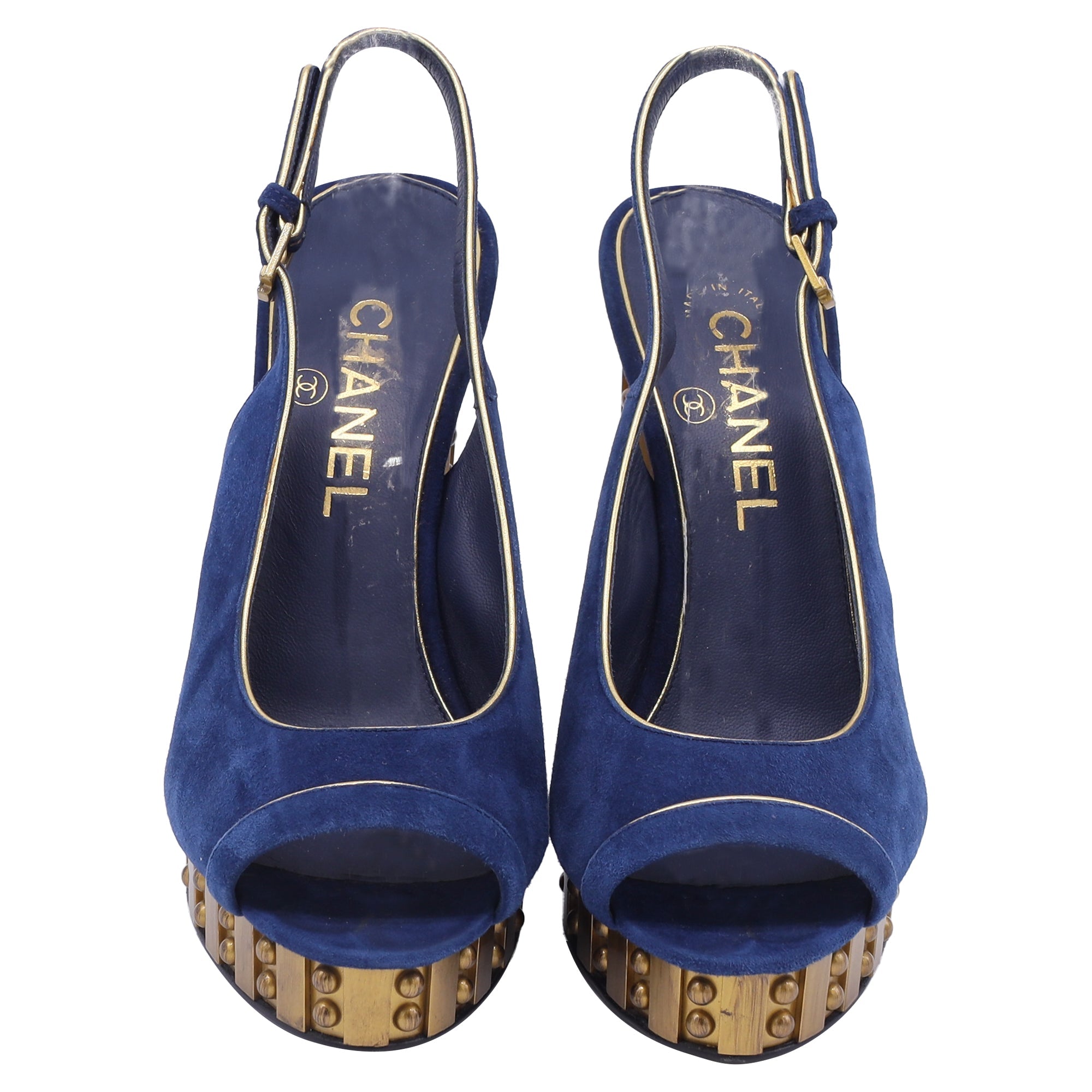Women's Chanel CC Studded Peep-Toe Platform Pumps in Navy Blue Suede