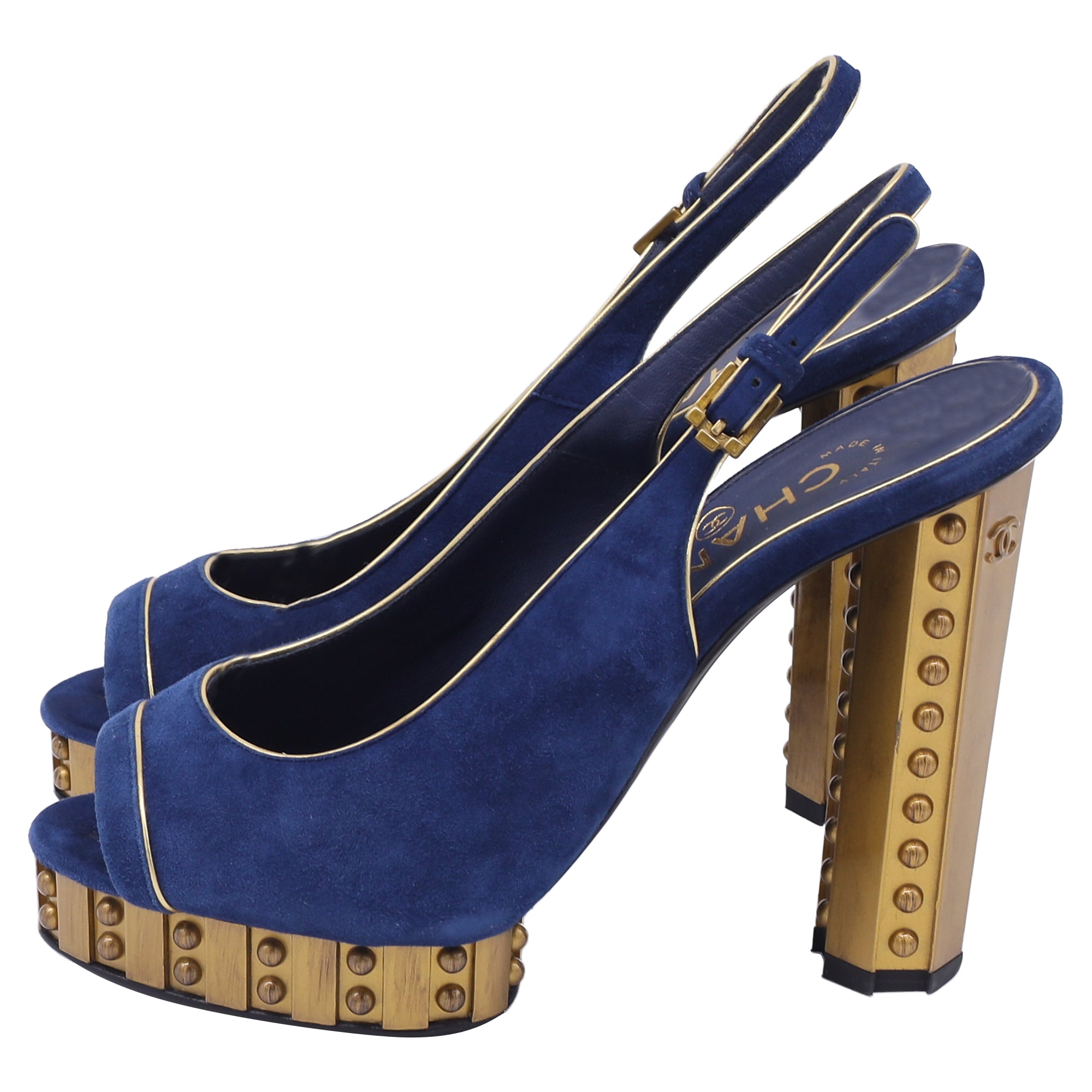 Women's Chanel CC Studded Peep-Toe Platform Pumps in Navy Blue Suede