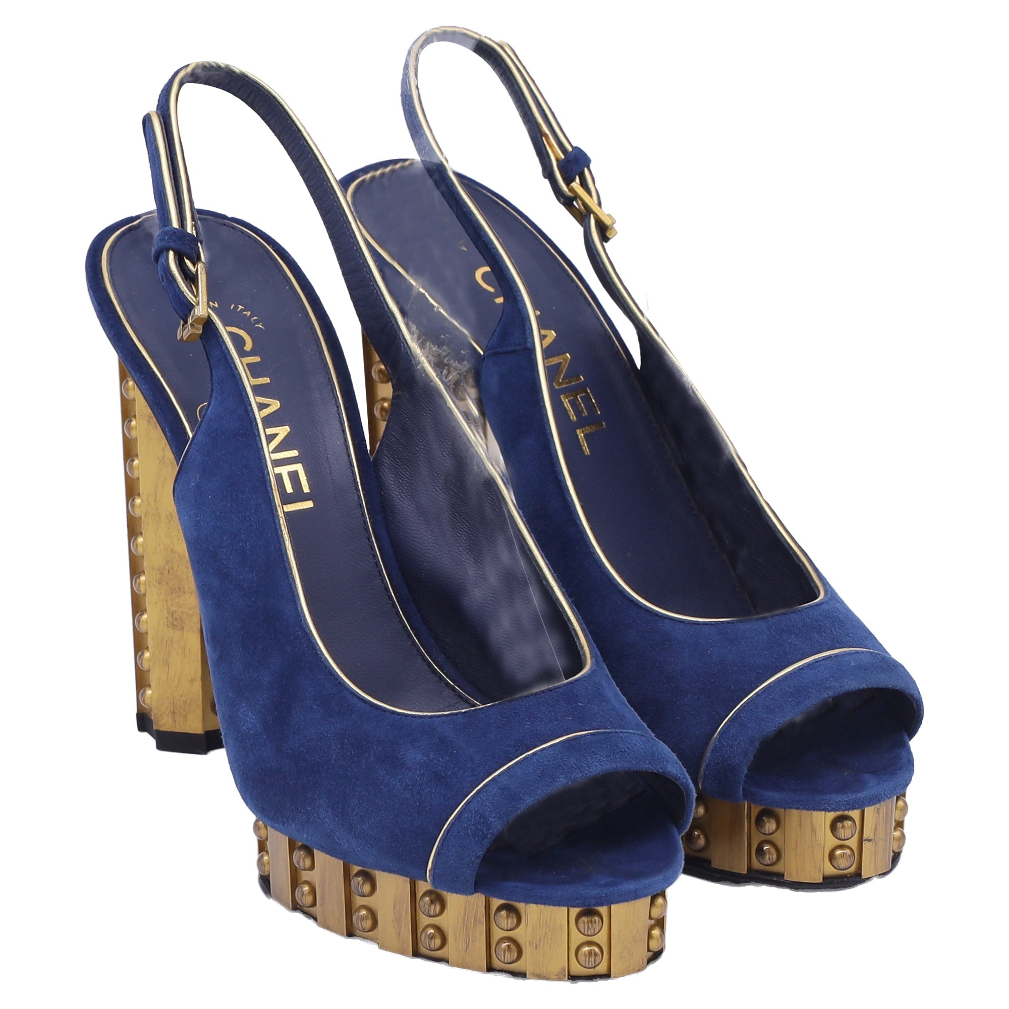 Women's Chanel CC Studded Peep-Toe Platform Pumps in Navy Blue Suede