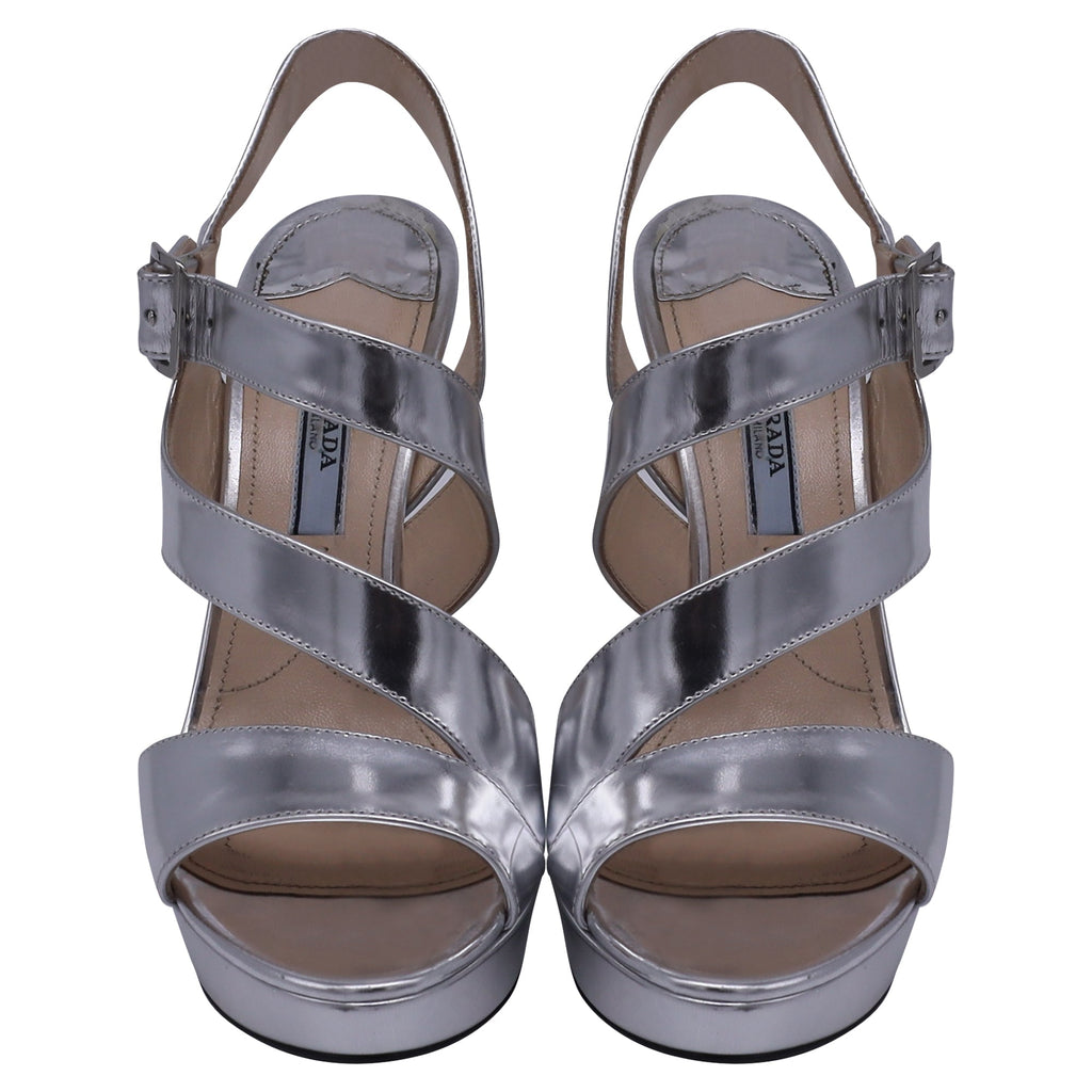 Prada Asymmetric Strap Platform Sandal Hels in Metallic Silver Leather
