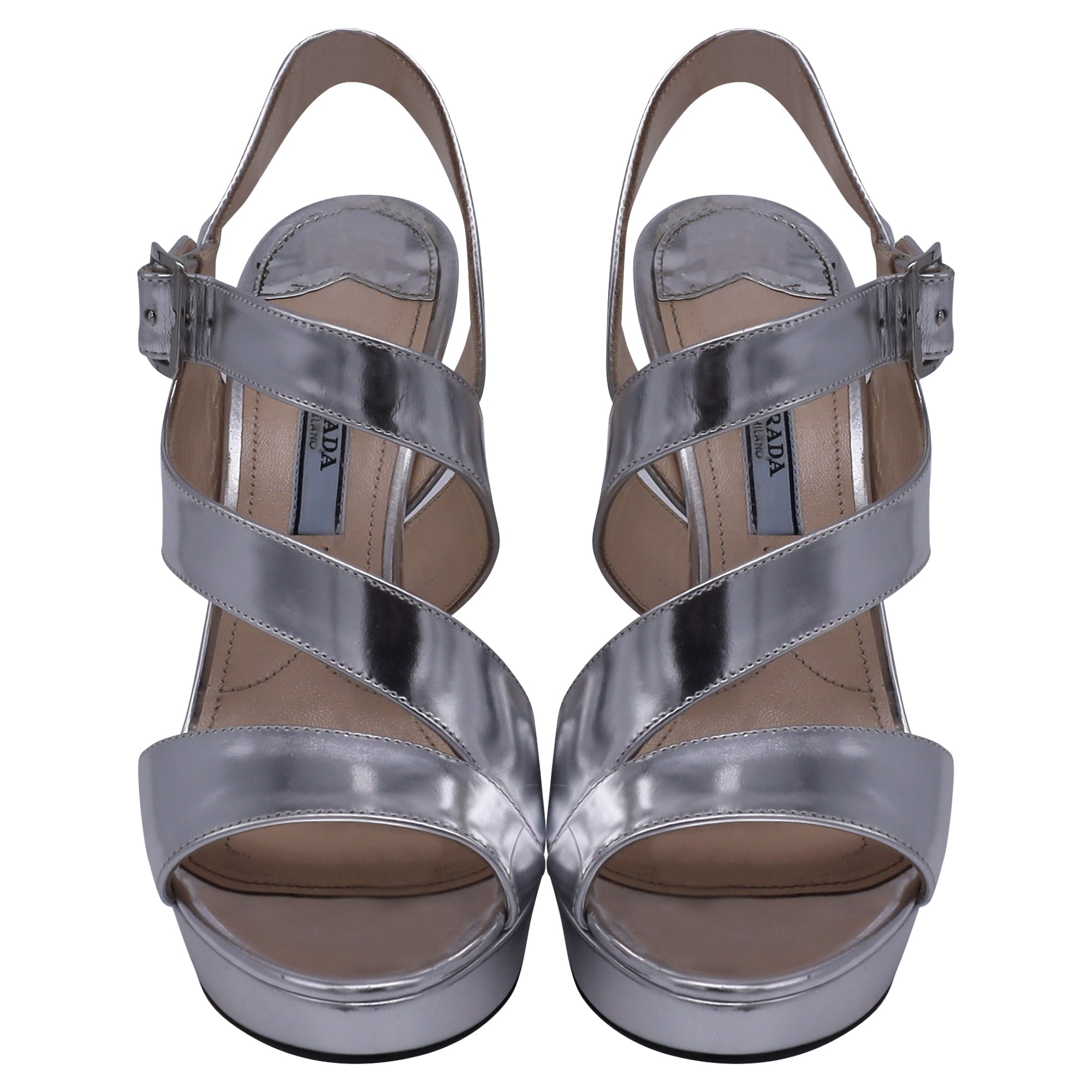 Prada Asymmetric Strap Platform Sandal Hels in Metallic Silver Leather