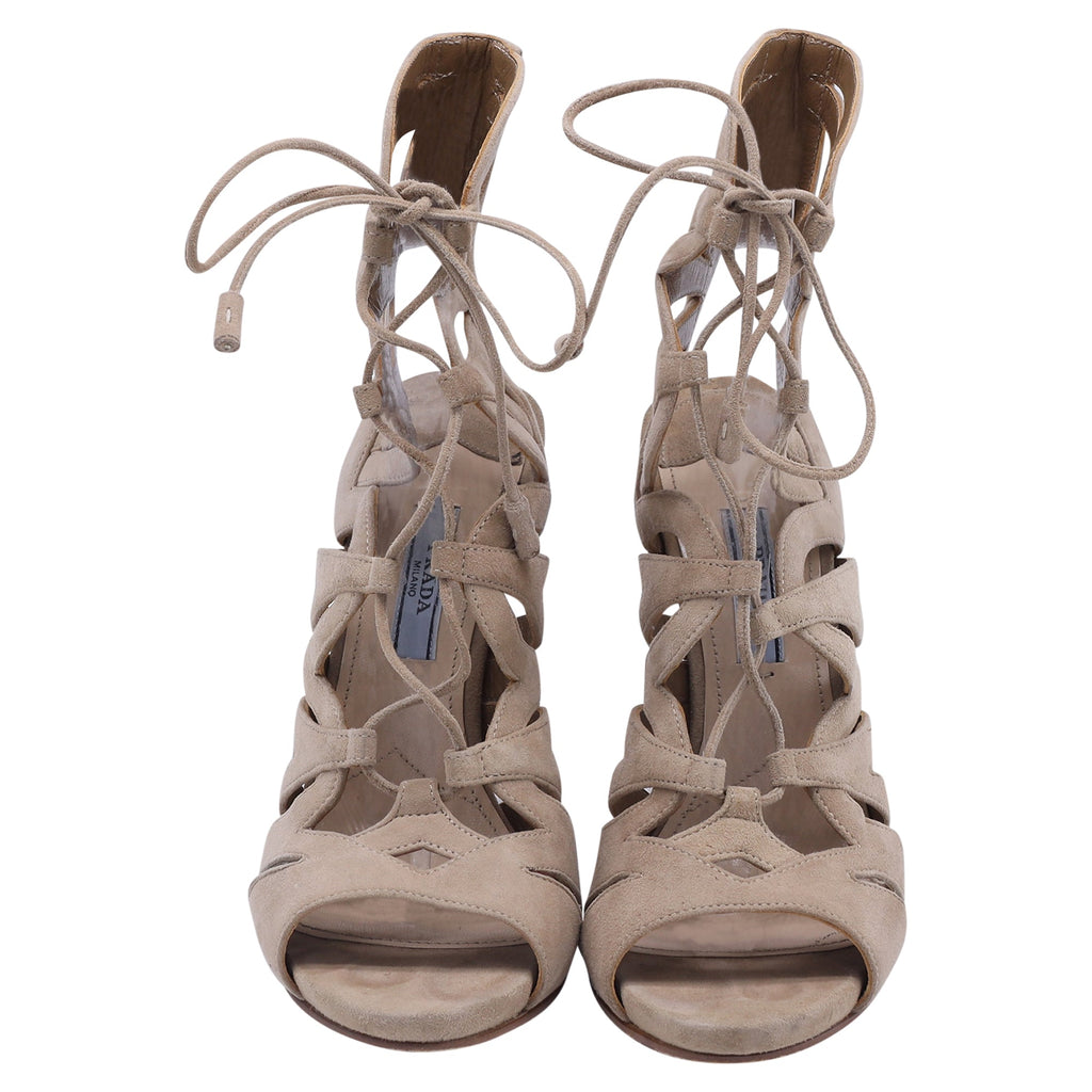 Women's Prada Gladiator Lace-Up Sandal Heels in Beige Suede