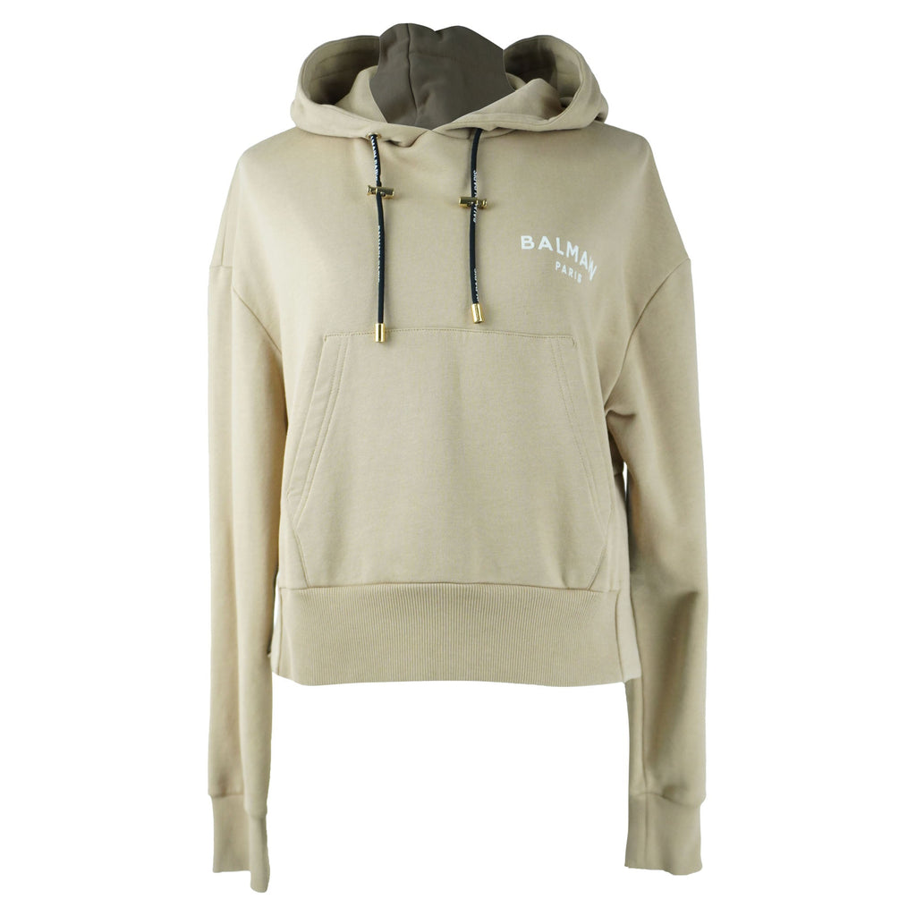 Balmain Beige Crop Hooded Sweatshirt