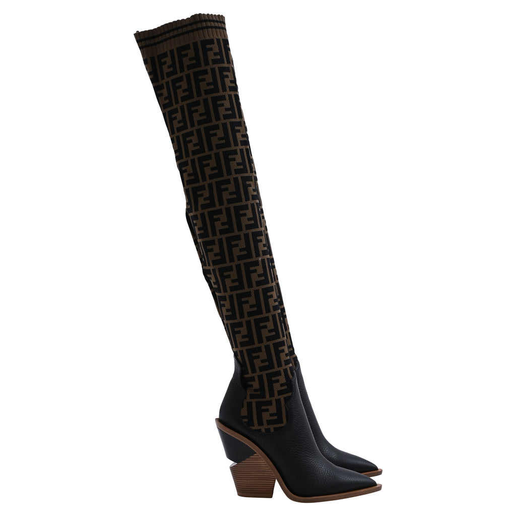 Fendi FF Zucca Knee Length Boots in Brown Leather