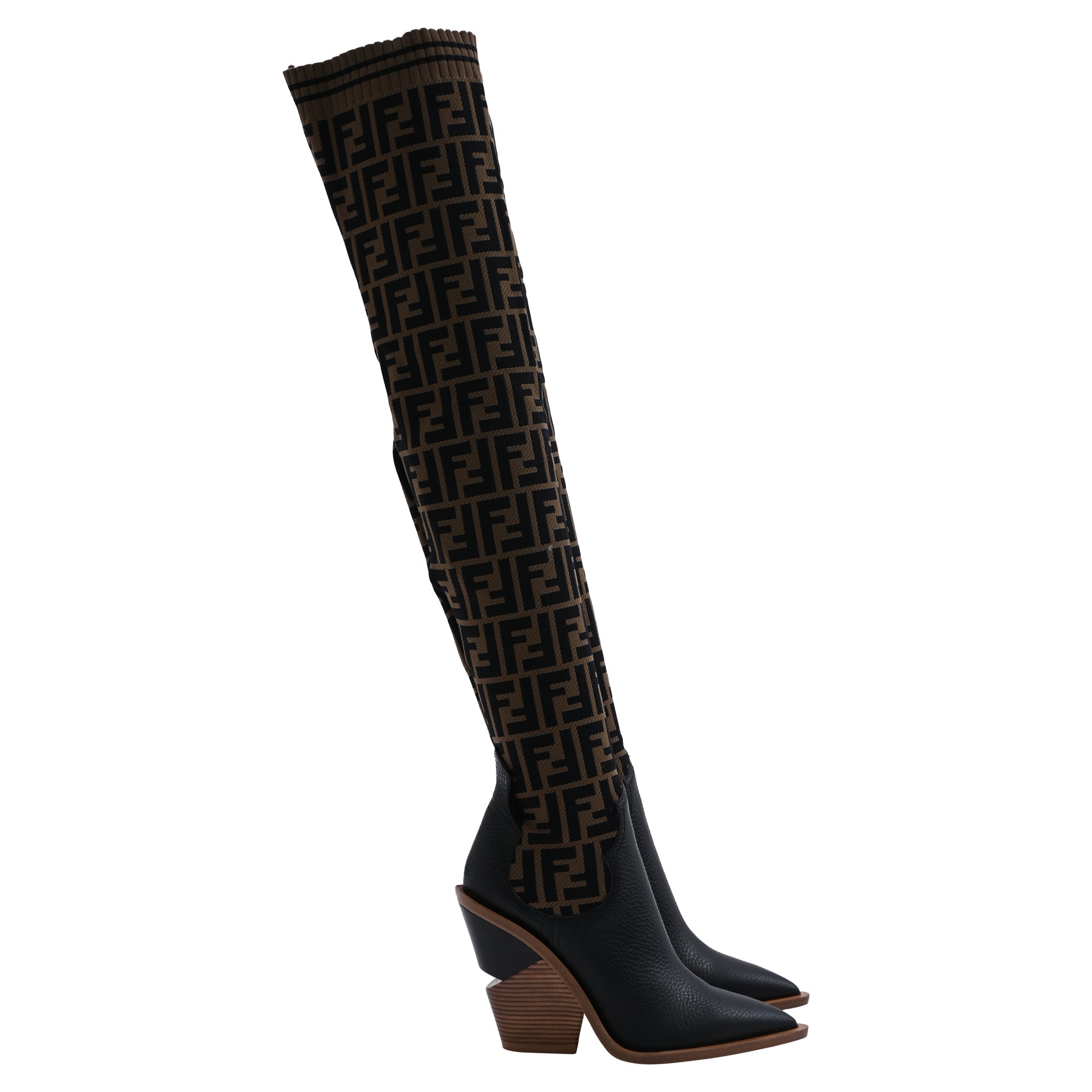 Fendi FF Zucca Knee Length Boots in Brown Leather