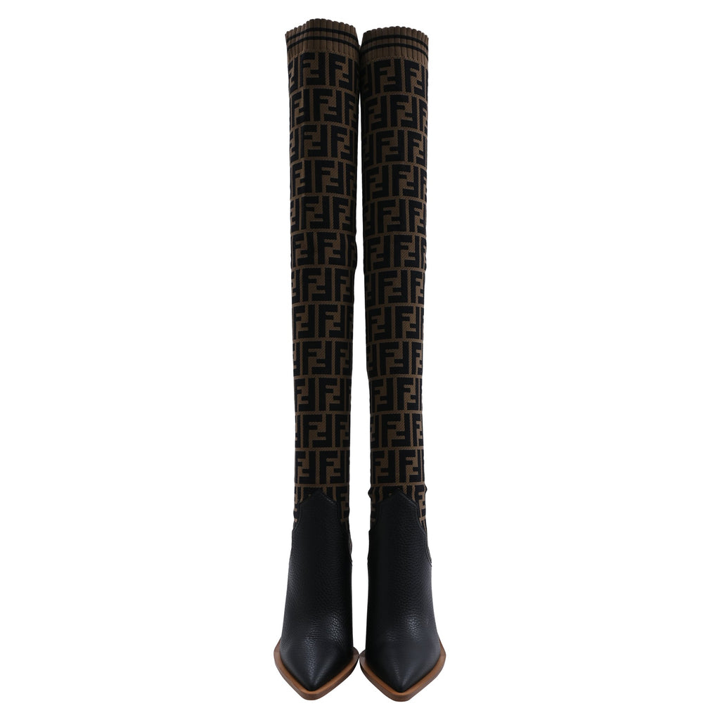 Fendi FF Zucca Knee Length Boots in Brown Leather