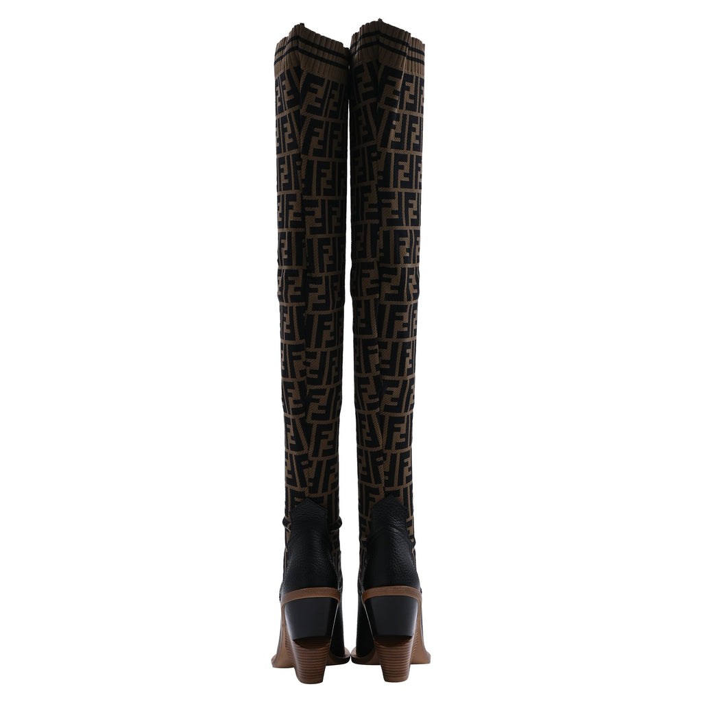 Fendi FF Zucca Knee Length Boots in Brown Leather