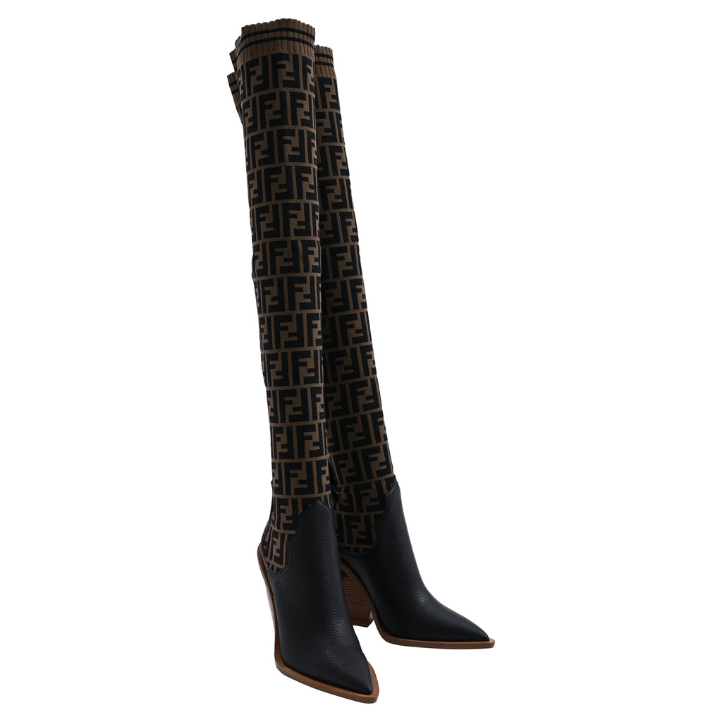 Fendi FF Zucca Knee Length Boots in Brown Leather