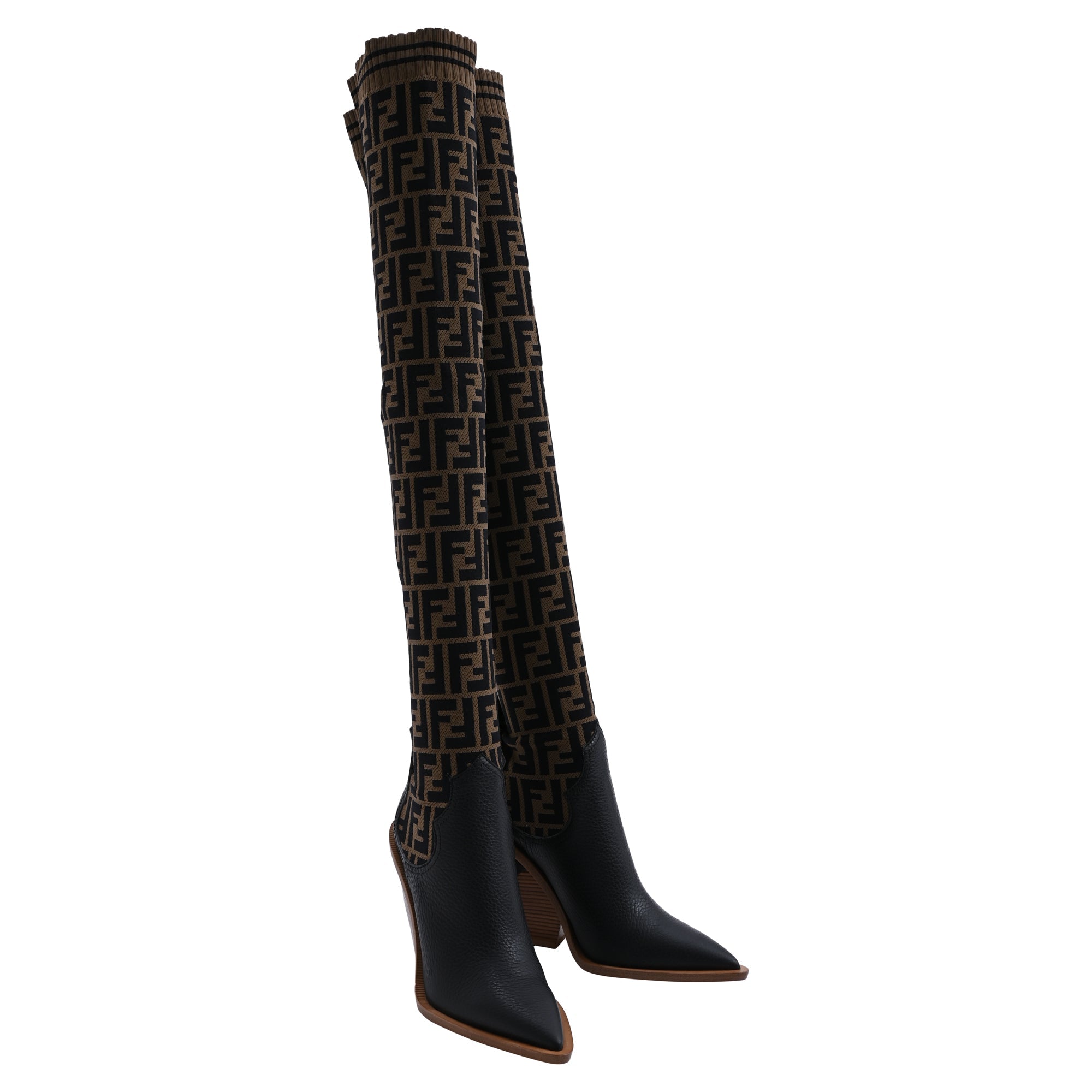 Fendi FF Zucca Knee Length Boots in Brown Leather