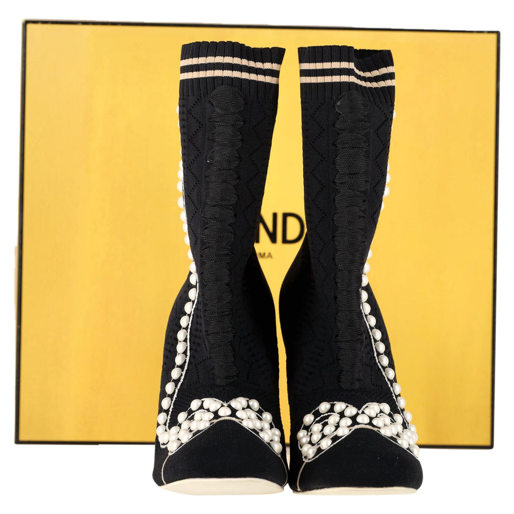 Women's Fendi Knit Fabric Pearl Embellished Sock Ankle Boots in Black Nylon