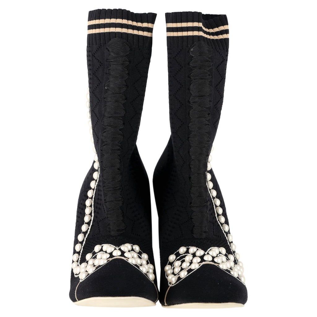 Women's Fendi Knit Fabric Pearl Embellished Sock Ankle Boots in Black Nylon