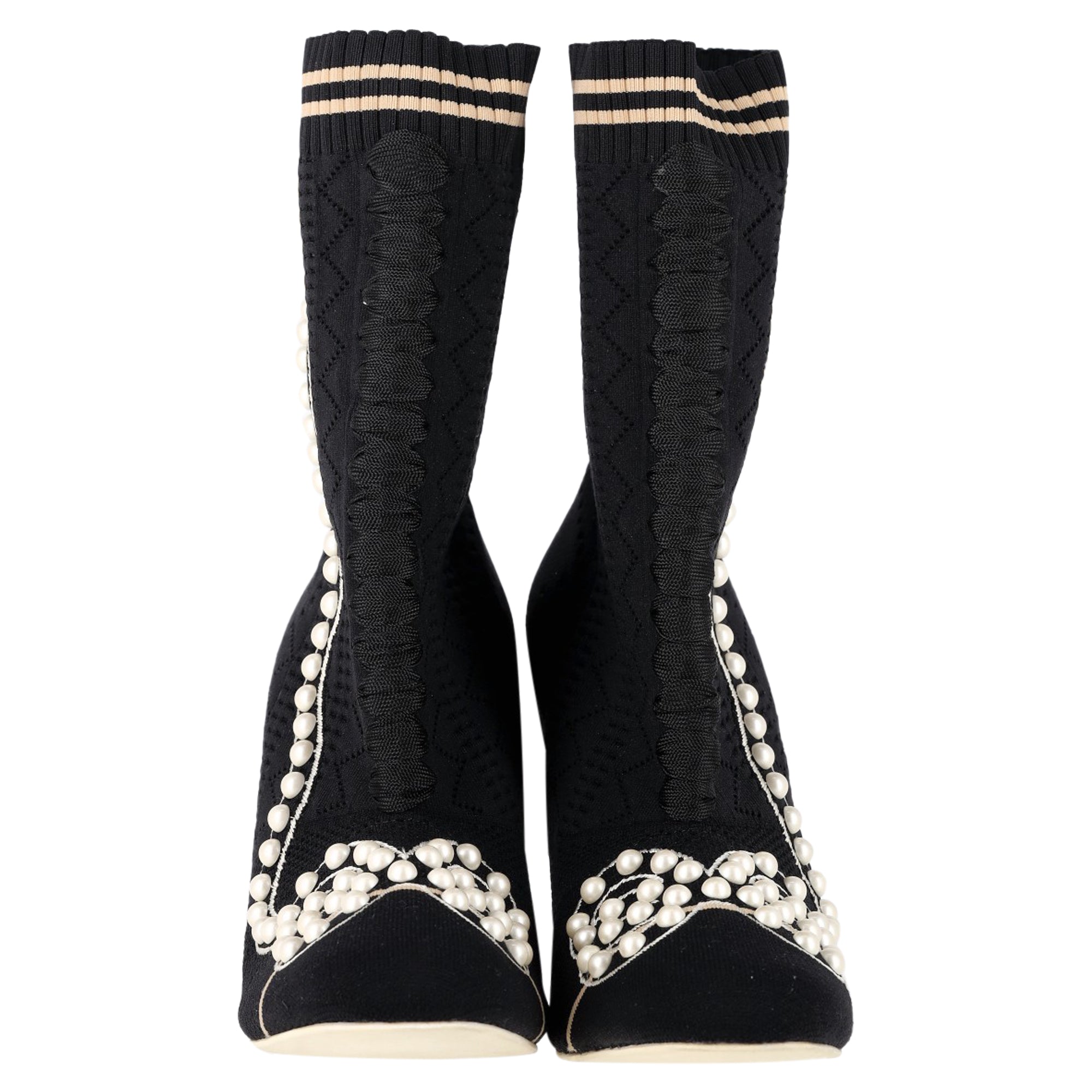 Women's Fendi Knit Fabric Pearl Embellished Sock Ankle Boots in Black Nylon