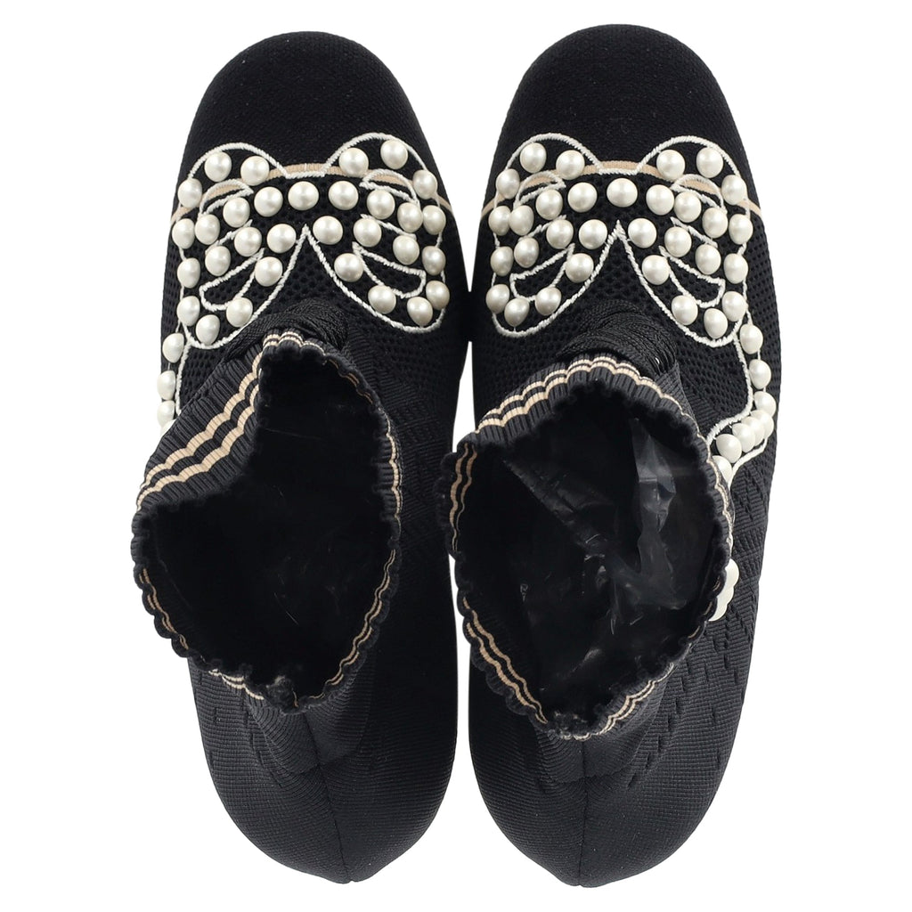 Women's Fendi Knit Fabric Pearl Embellished Sock Ankle Boots in Black Nylon