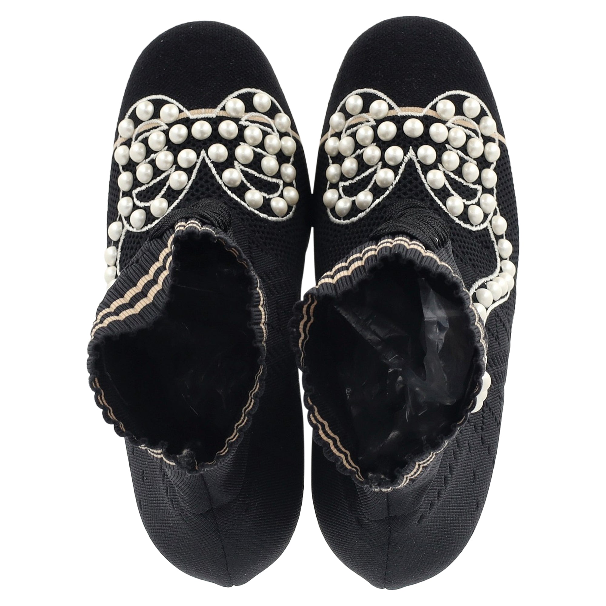 Women's Fendi Knit Fabric Pearl Embellished Sock Ankle Boots in Black Nylon