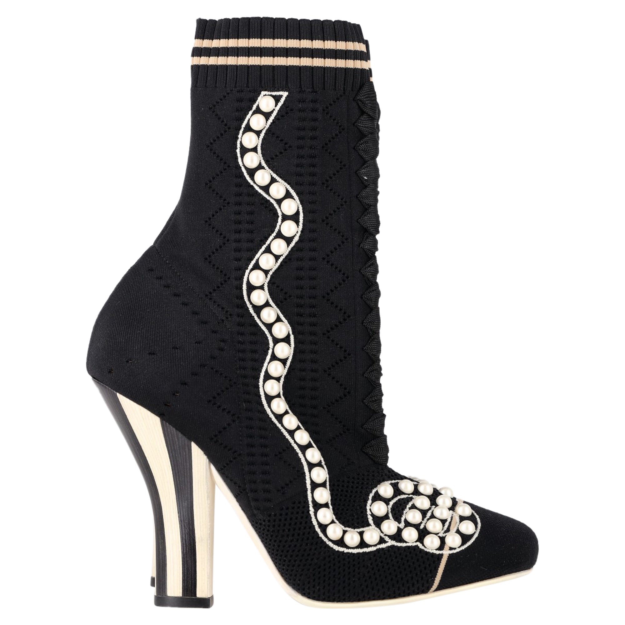 Women's Fendi Knit Fabric Pearl Embellished Sock Ankle Boots in Black Nylon