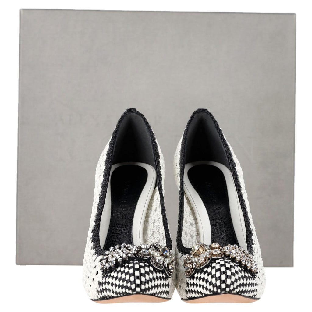 Alexander McQueen Woven Crystal Embellished Pumps in White Leather