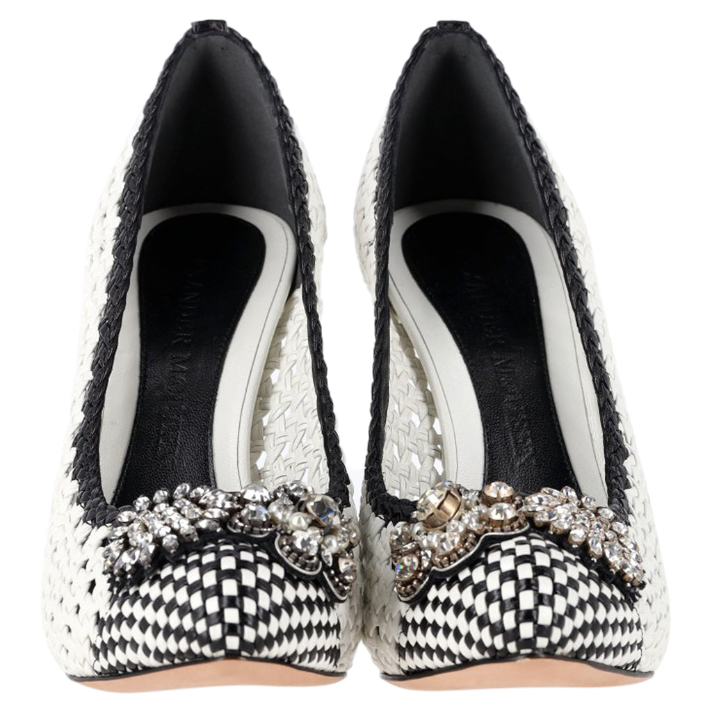 Alexander McQueen Woven Crystal Embellished Pumps in White Leather