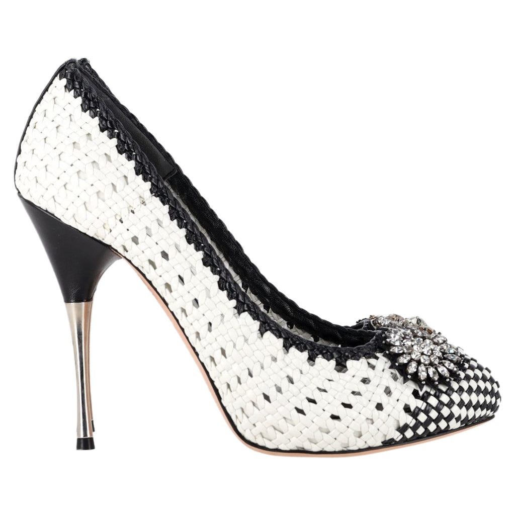 Alexander McQueen Woven Crystal Embellished Pumps in White Leather