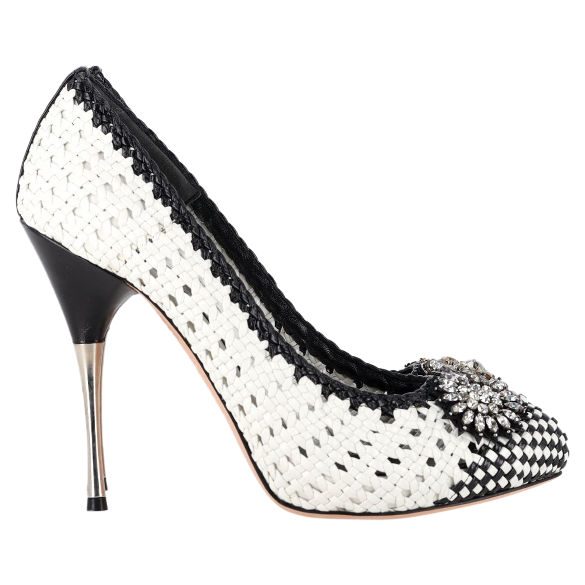 Alexander McQueen Woven Crystal Embellished Pumps in White Leather