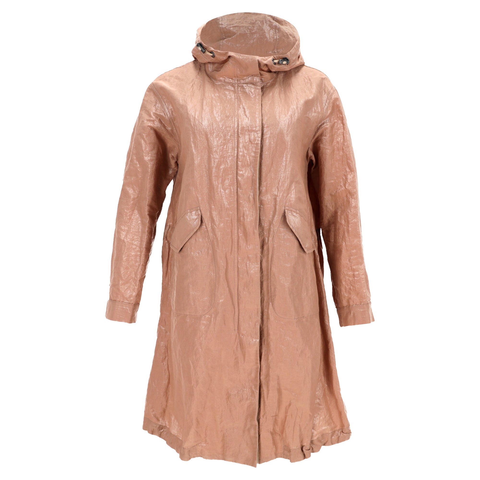 Brunello Cucinelli Shiny Tricotine Hooded Rain Coat in Brown Cotton