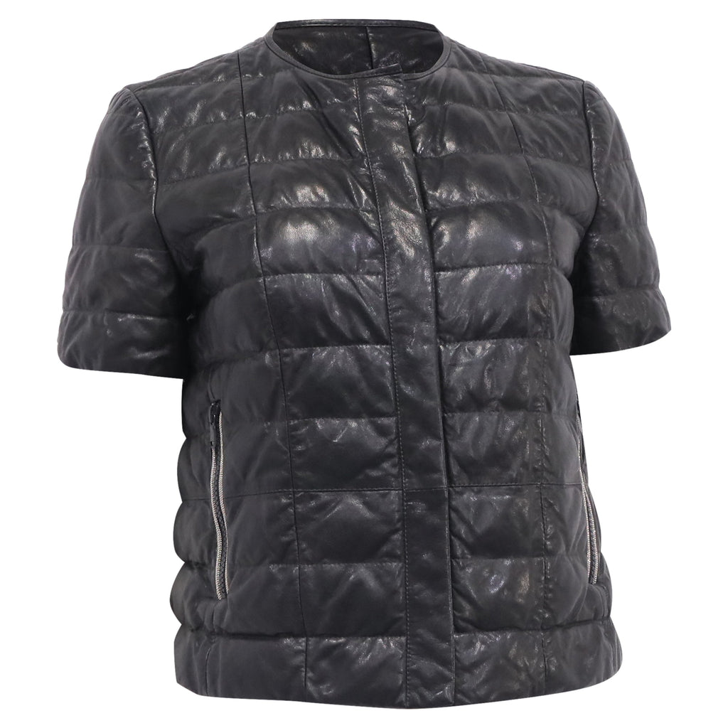 Brunello Cucinelli Short Sleeve Down Jacket in Black Leather