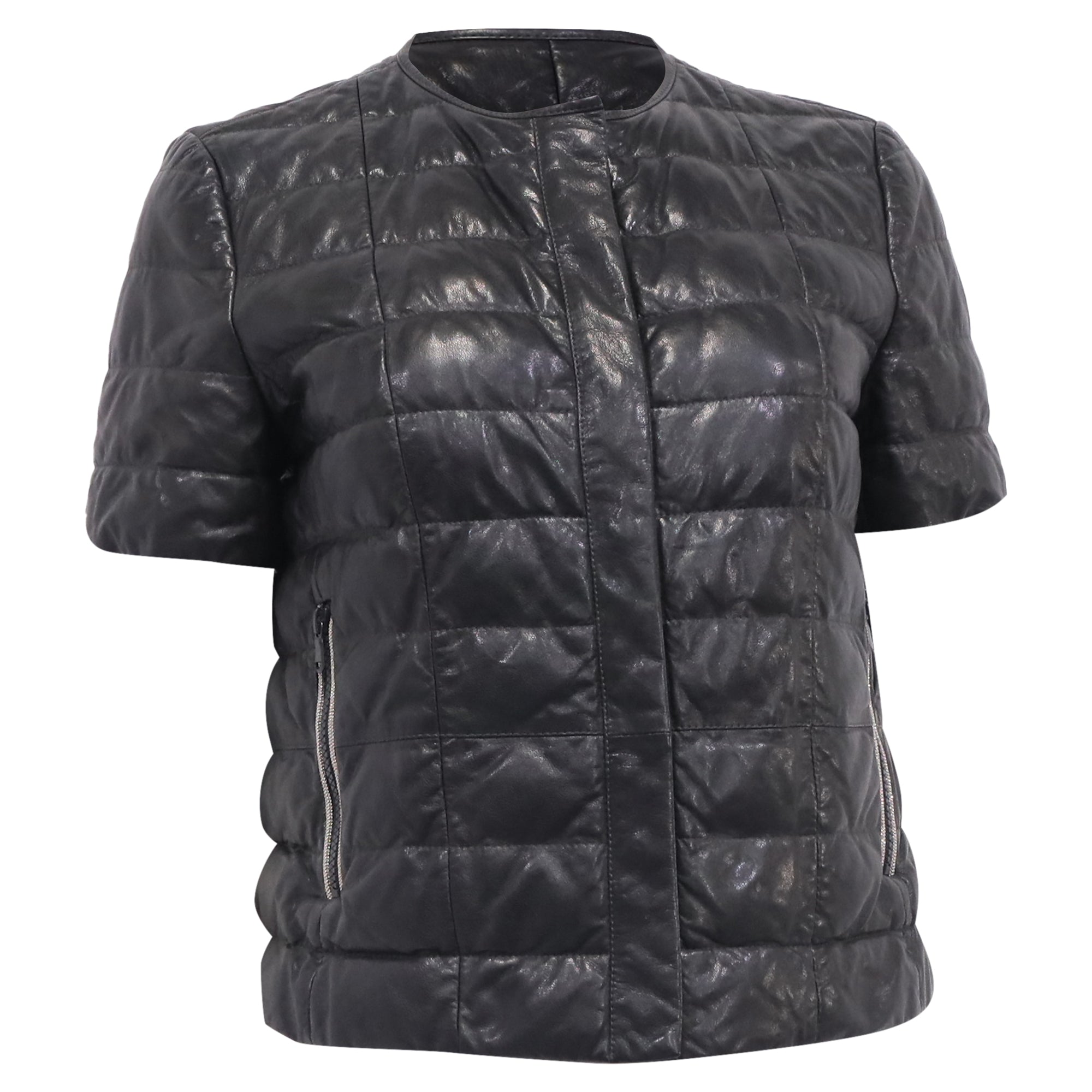 Brunello Cucinelli Short Sleeve Down Jacket in Black Leather