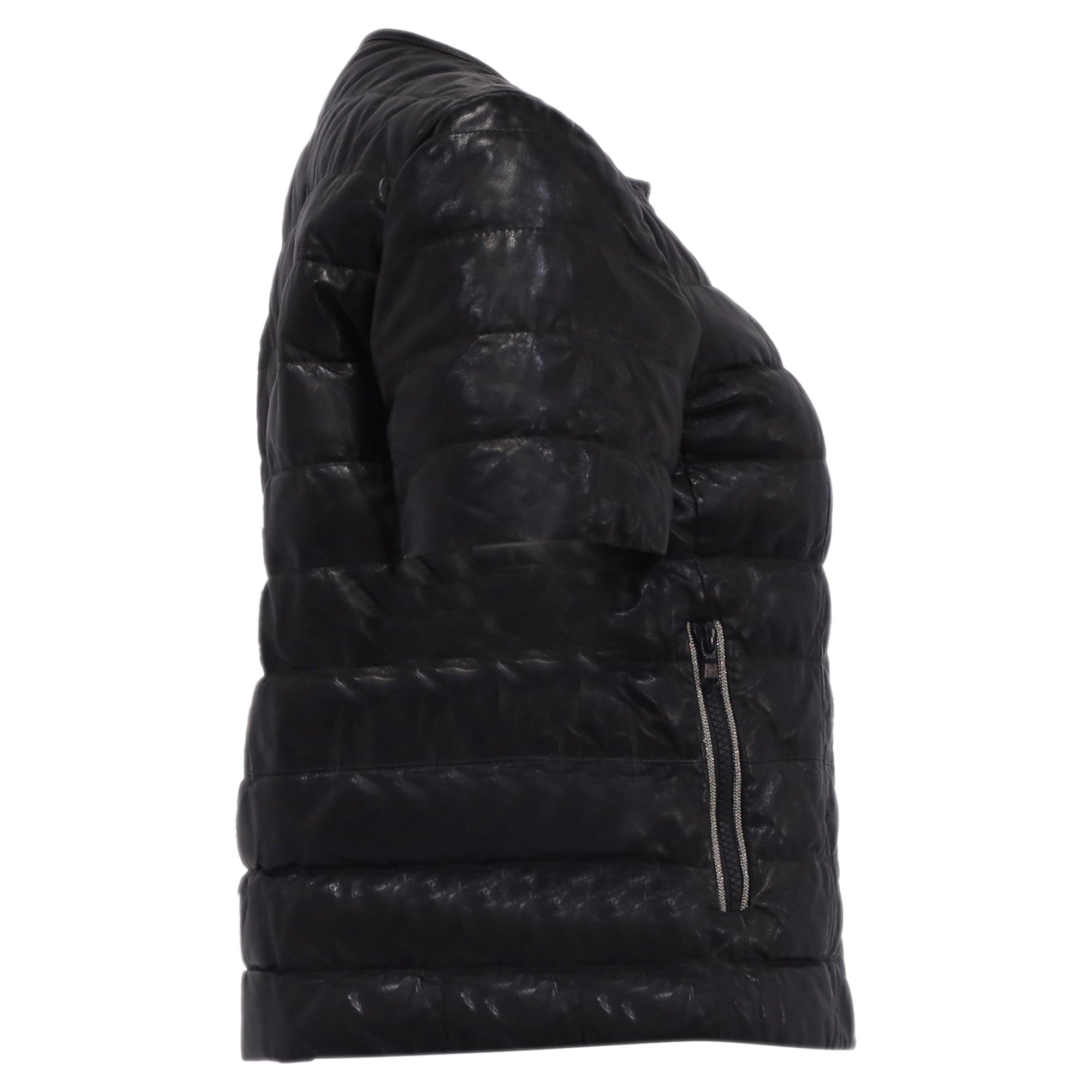 Brunello Cucinelli Short Sleeve Down Jacket in Black Leather