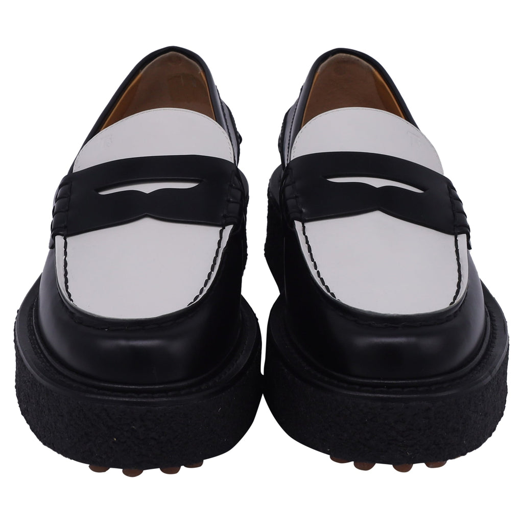 Women's Tod's Two-Tone Platform Loafers in Black and White Calf Leather