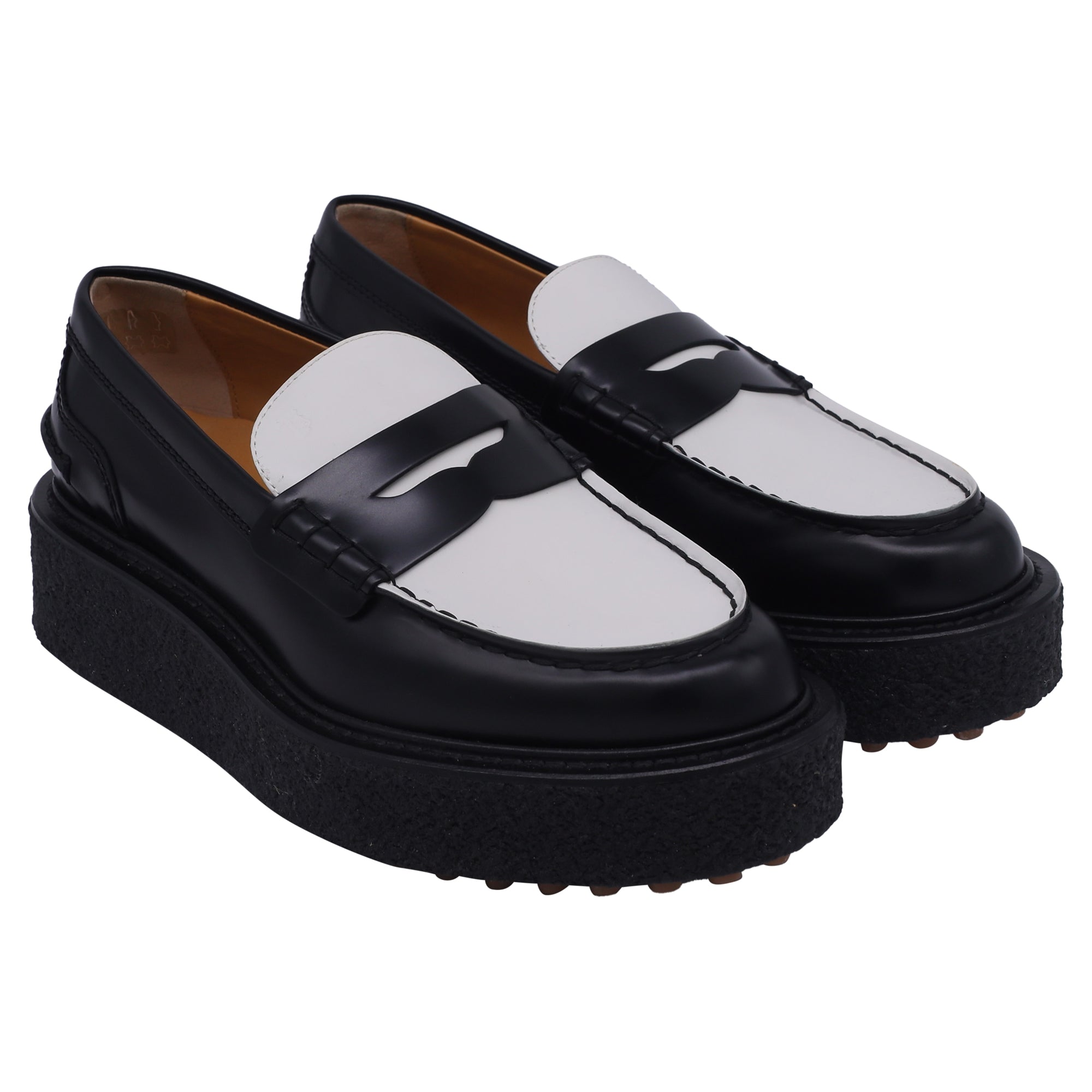Women's Tod's Two-Tone Platform Loafers in Black and White Calf Leather