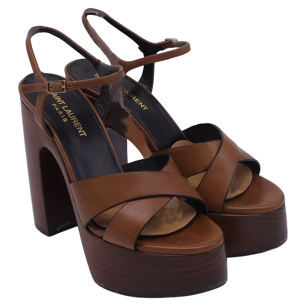 Saint Laurent Bianca Platform Sandals in Brown Calf Leather