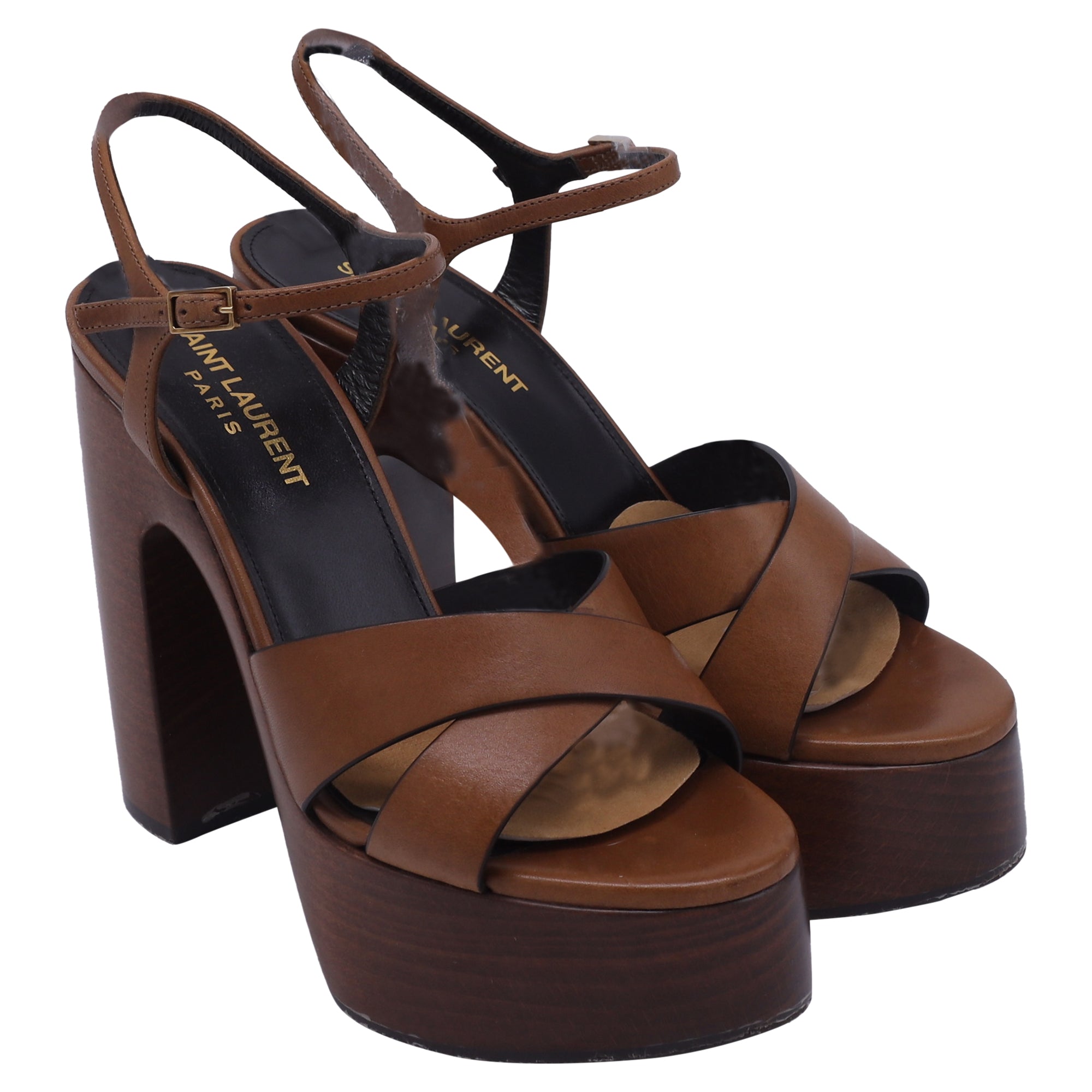 Saint Laurent Bianca Platform Sandals in Brown Calf Leather