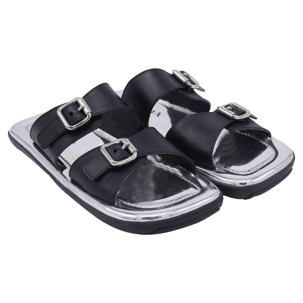 Prada Buckled Flat Sandals in Silver Leather