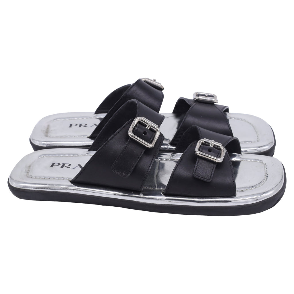 Prada Buckled Flat Sandals in Silver Leather