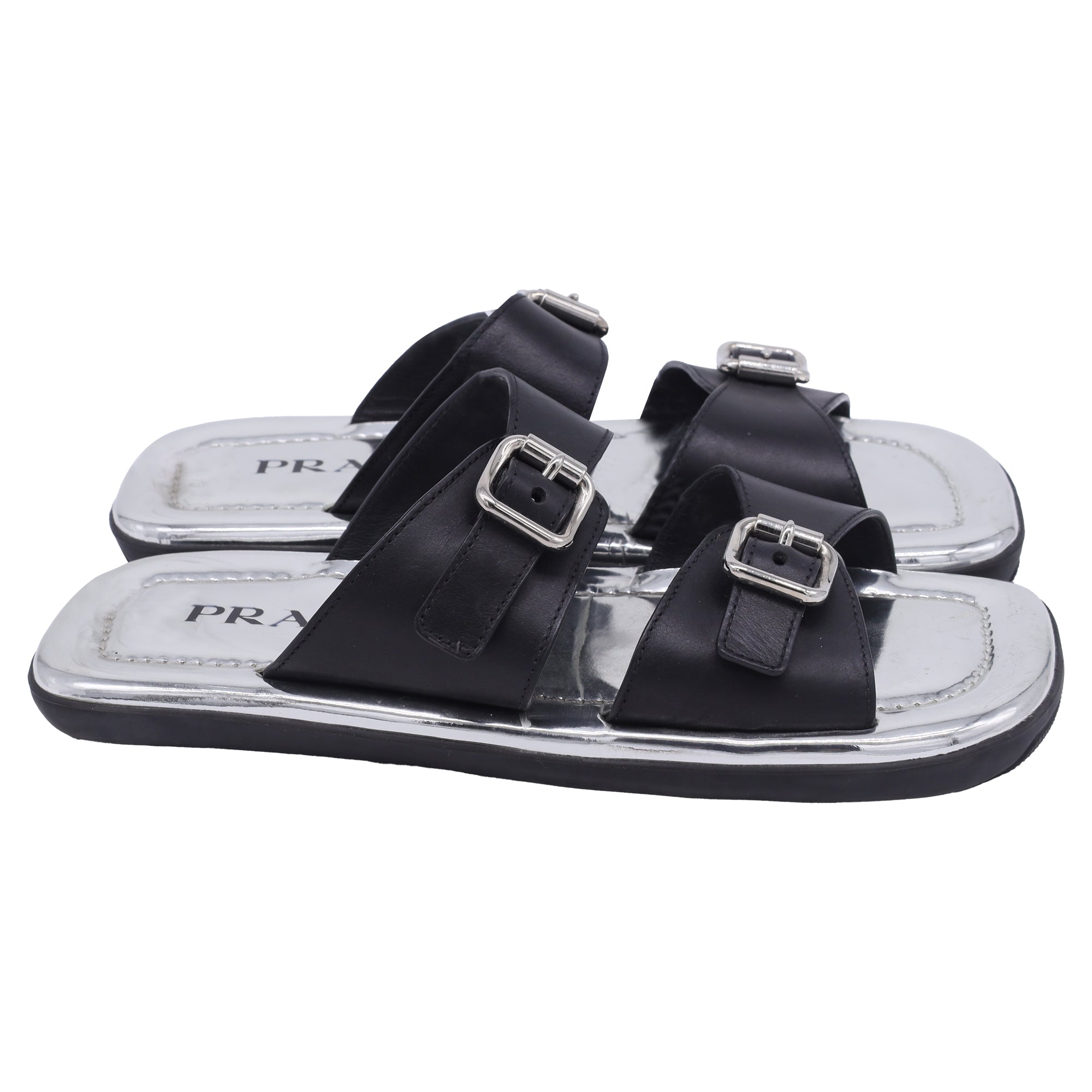 Prada Buckled Flat Sandals in Silver Leather