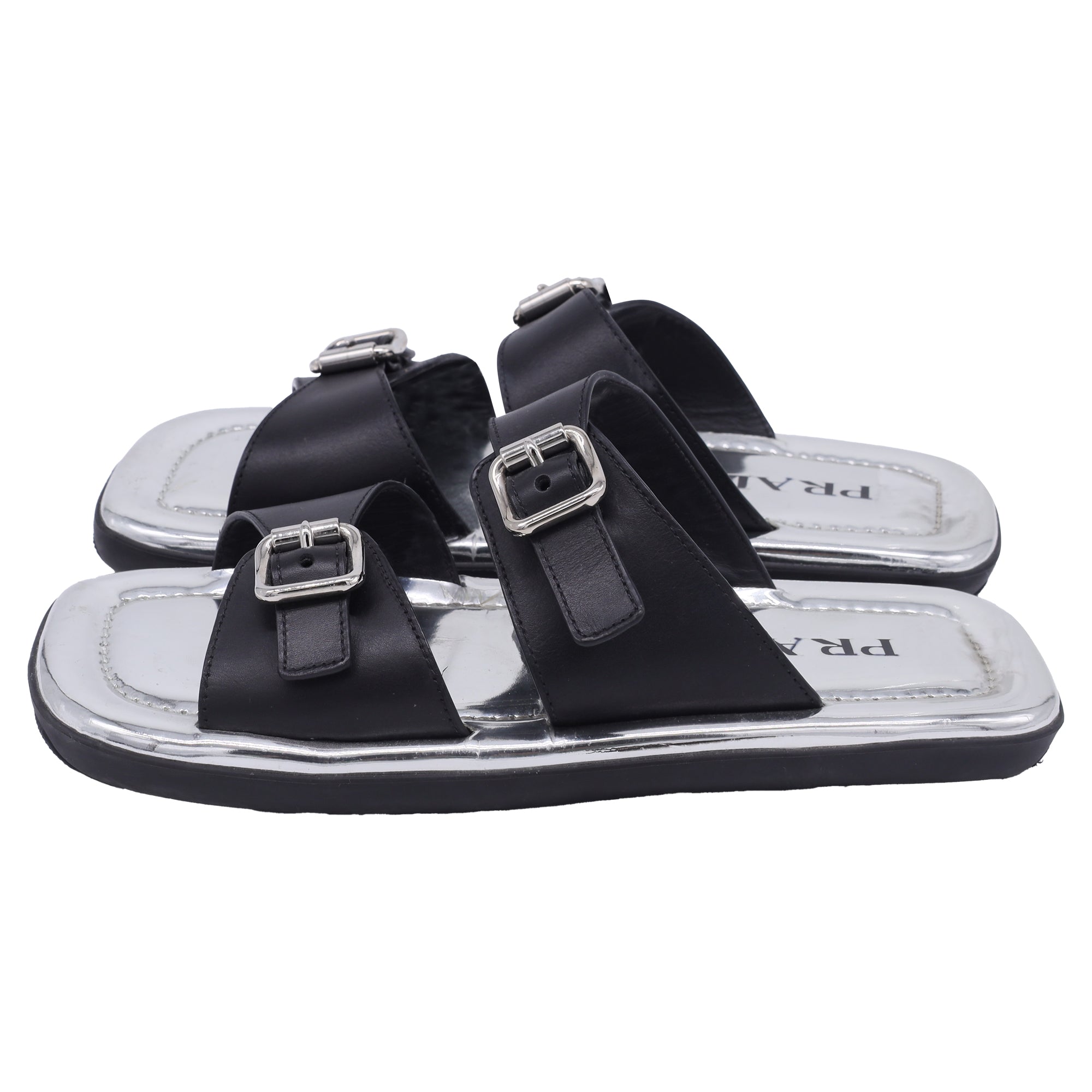Prada Buckled Flat Sandals in Silver Leather
