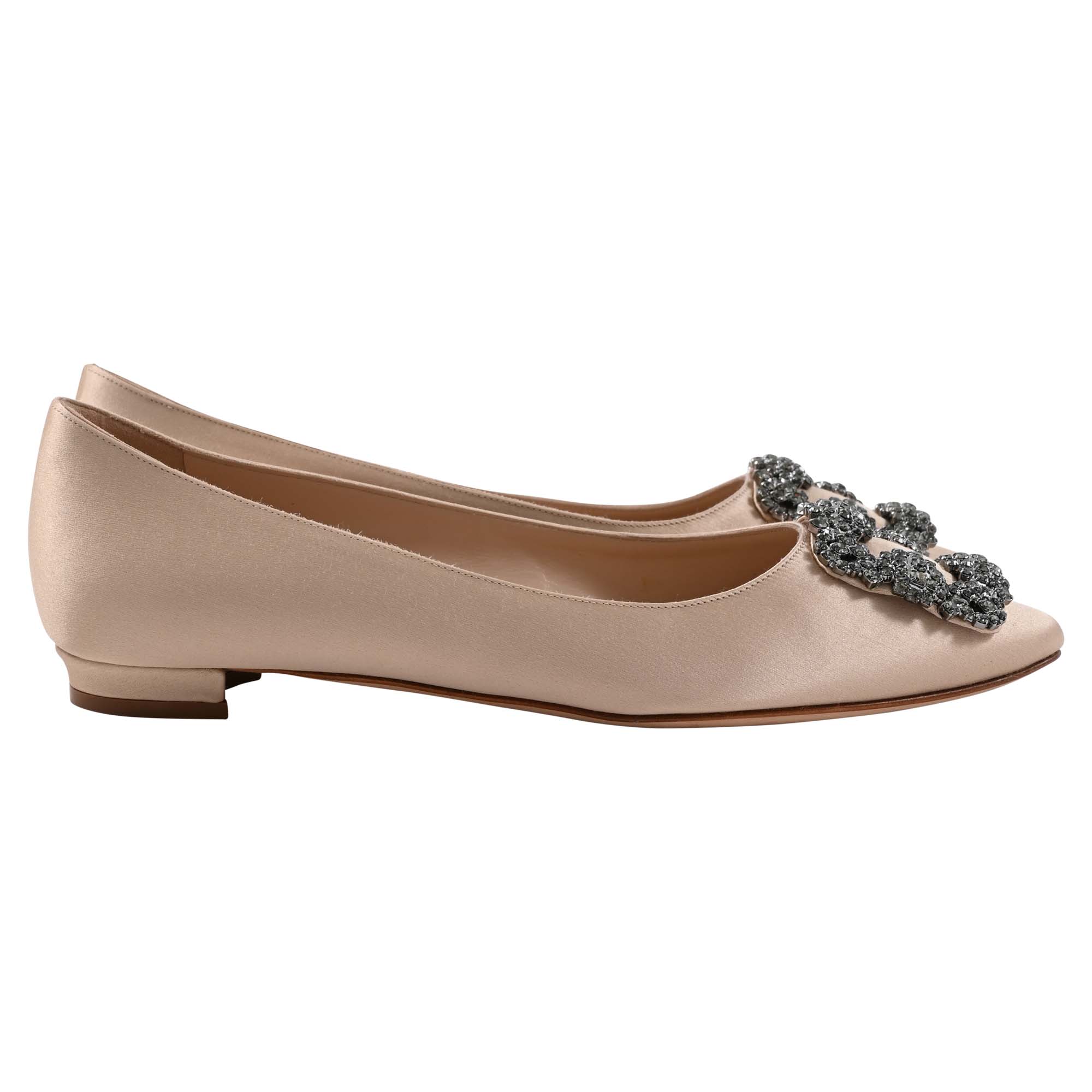 Women's Manolo Blahnik Hangisi Jewel Buckle Flat Pumps in Beige Satin