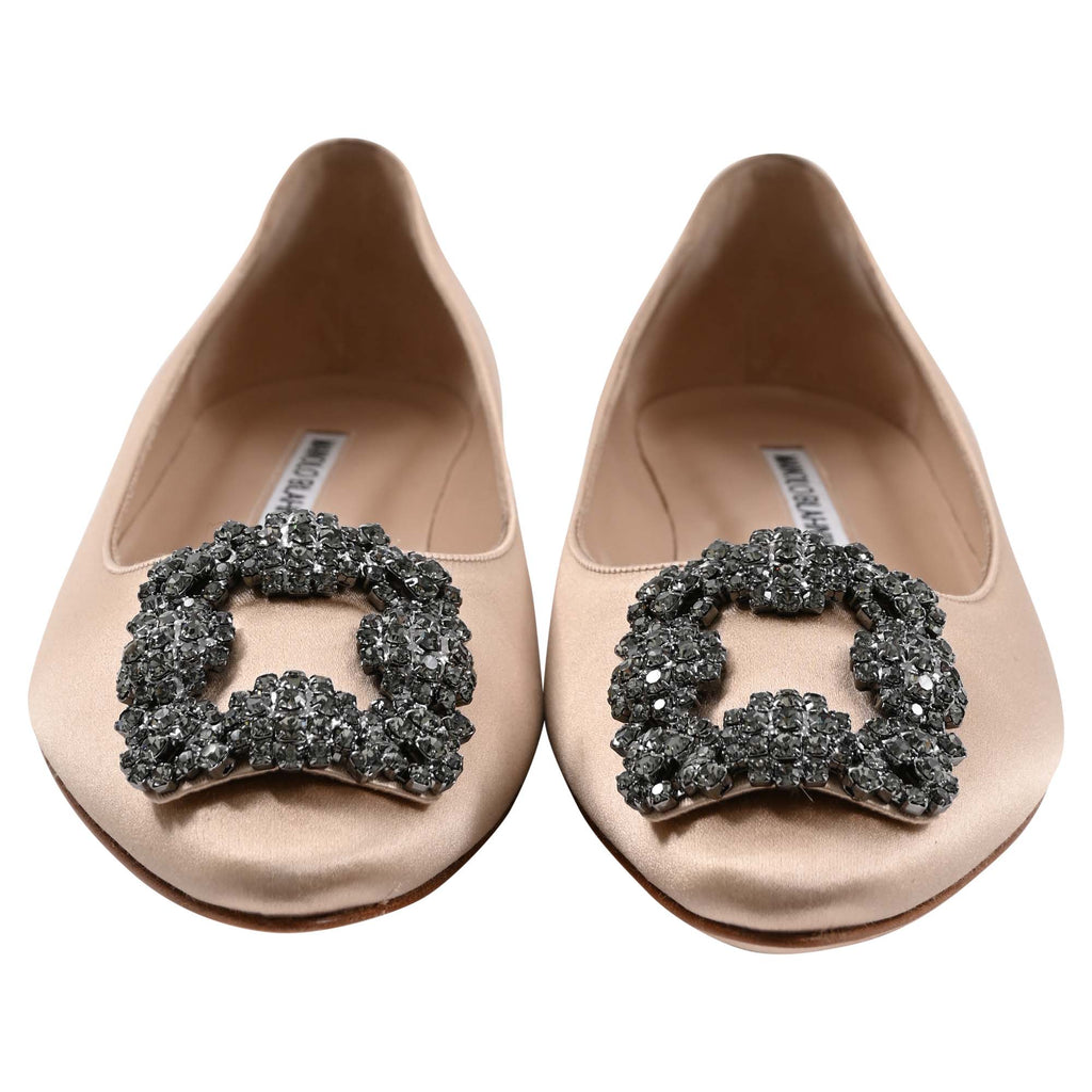 Women's Manolo Blahnik Hangisi Jewel Buckle Flat Pumps in Beige Satin