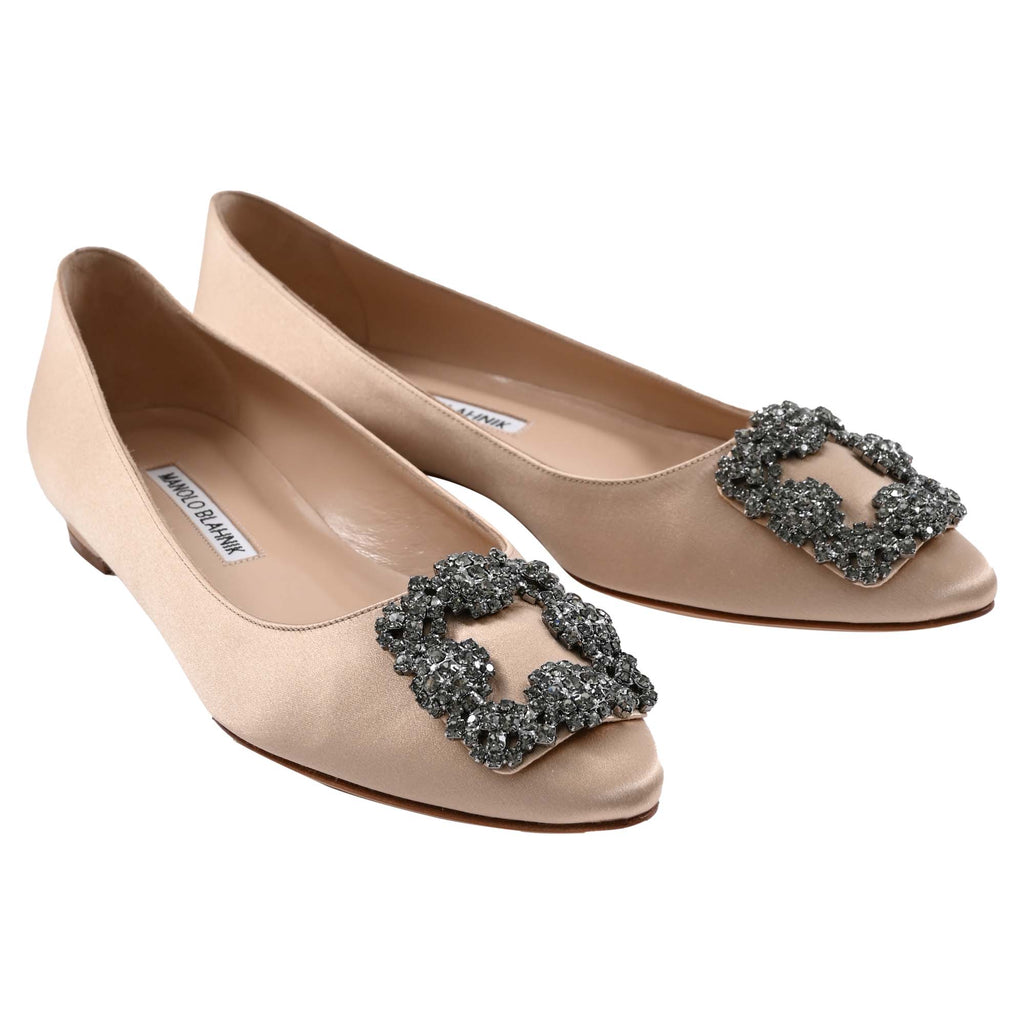 Women's Manolo Blahnik Hangisi Jewel Buckle Flat Pumps in Beige Satin