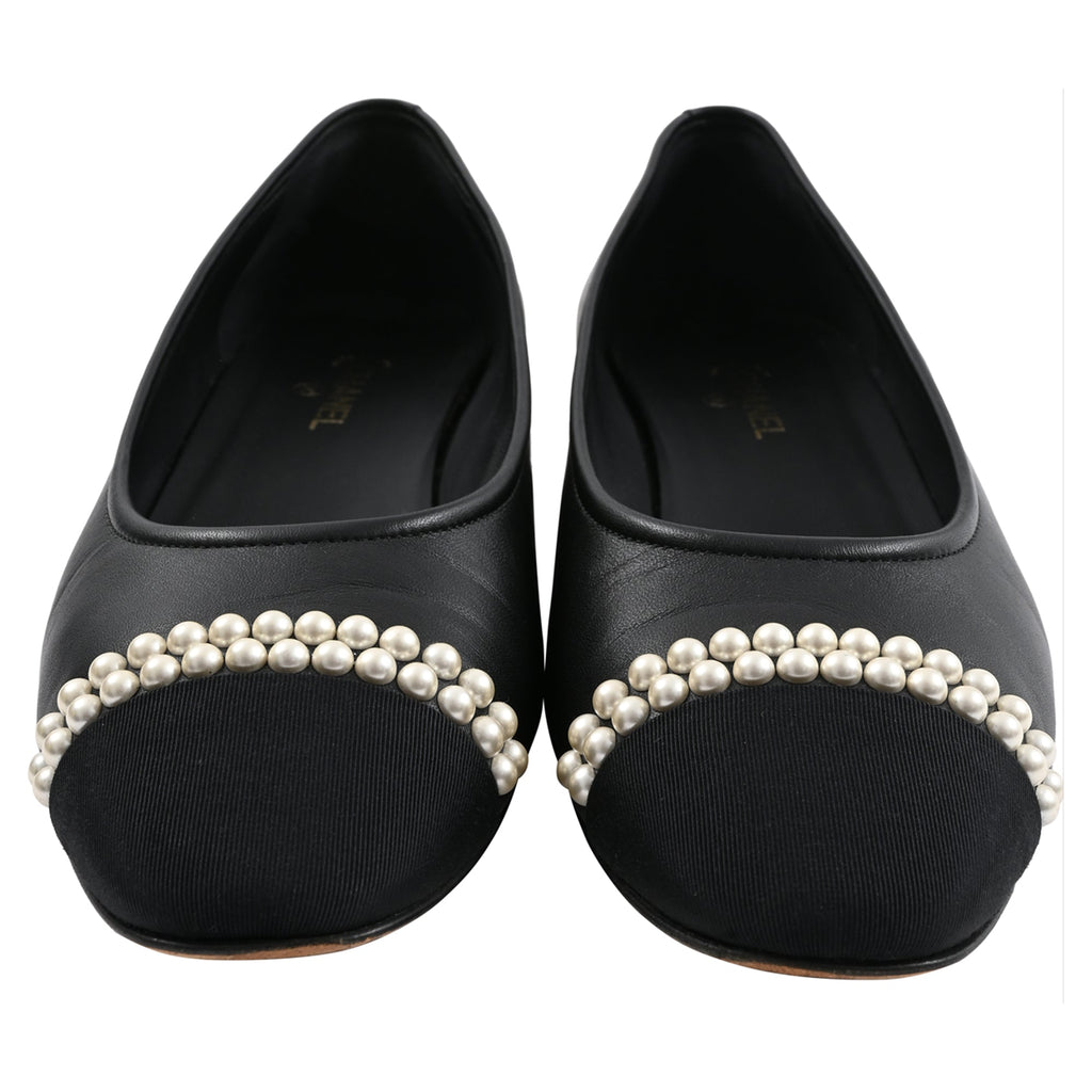 Chanel Cap-Toe Pearl Detail Ballet Flats in Black Leather