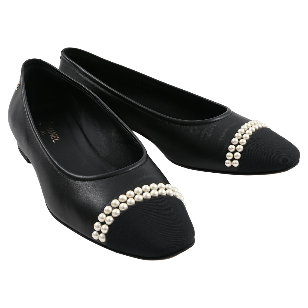 Chanel Cap-Toe Pearl Detail Ballet Flats in Black Leather