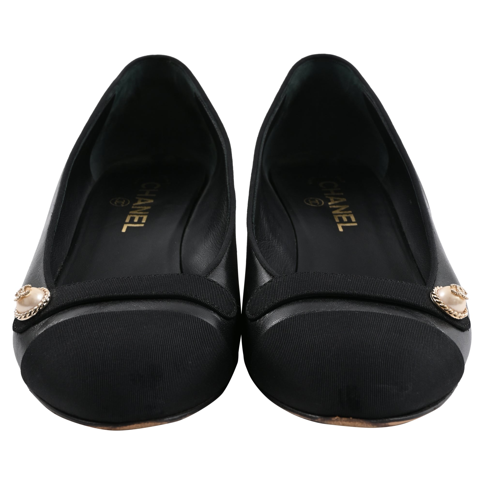 Chanel Cap Toe CC Pearl Detail Ballet Flats in Black Leather