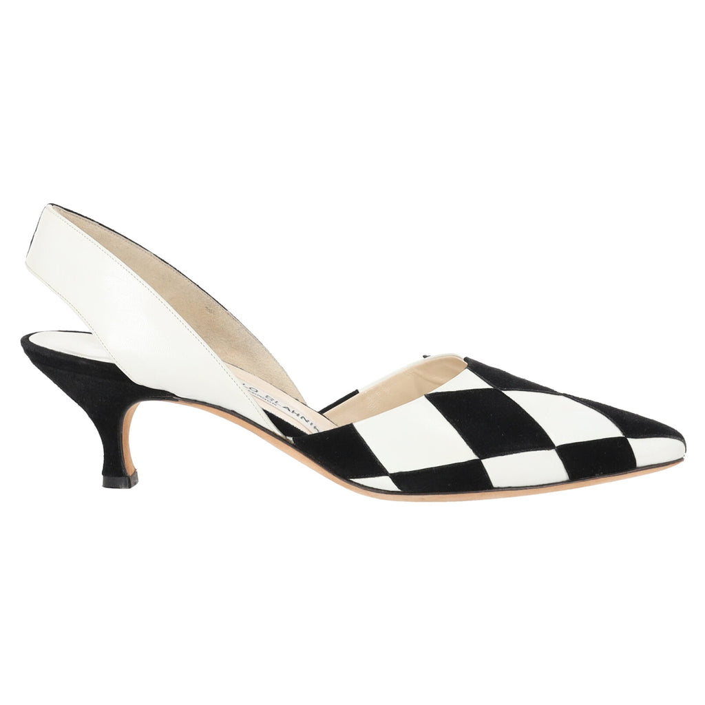 Manolo Blahnik Check Accent Slingback Pumps in Black and White Leather