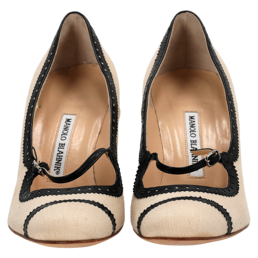 Manolo Blahnik High Heel Mary Jane Pumps in Beige Canvas