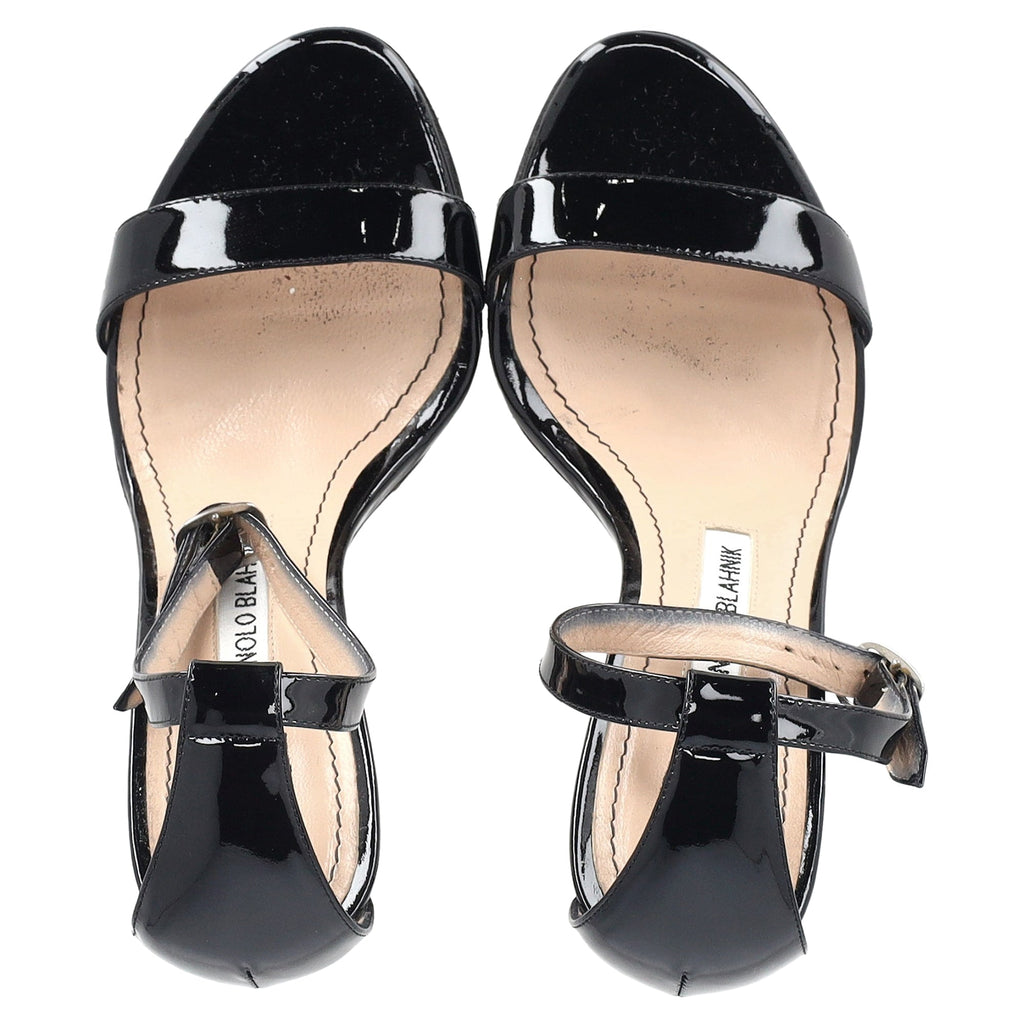Women's  Manolo Blahnik Ankle Strap Sandal Heels in Black Patent Leather