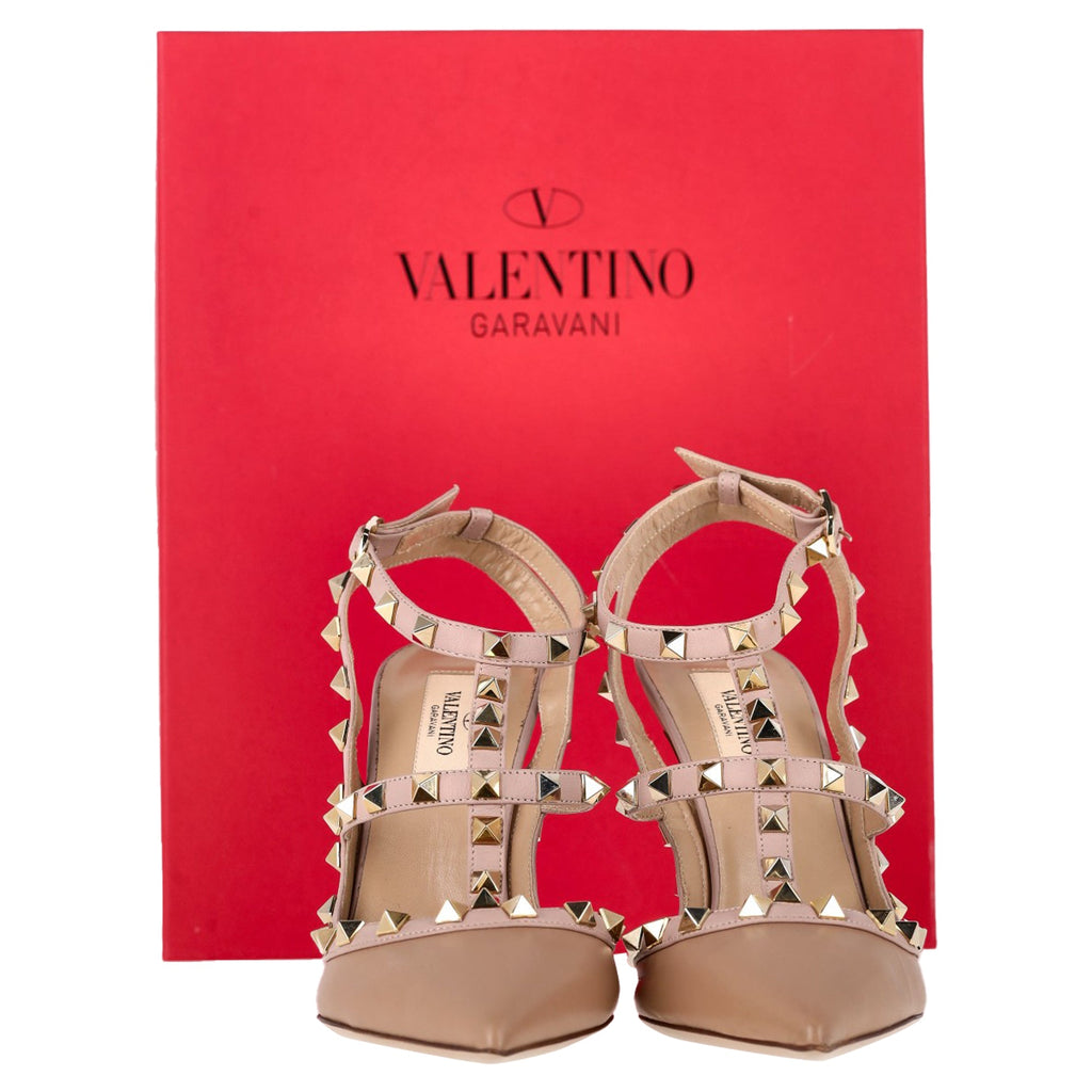 Women's Valentino Rockstud Caged Pumps In Beige Leather