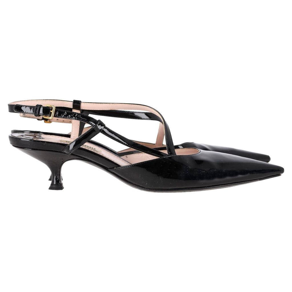Women's Miu Miu Pointed-Toe Kitten-Heel Pumps in Black Patent Leather