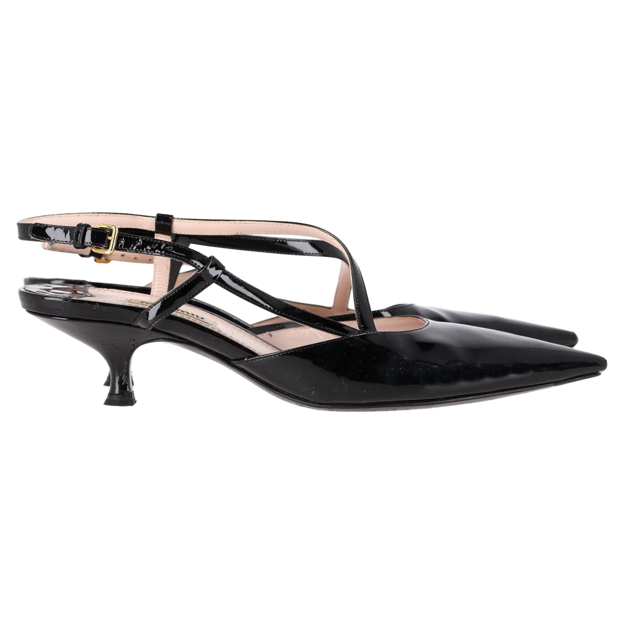 Women's Miu Miu Pointed-Toe Kitten-Heel Pumps in Black Patent Leather