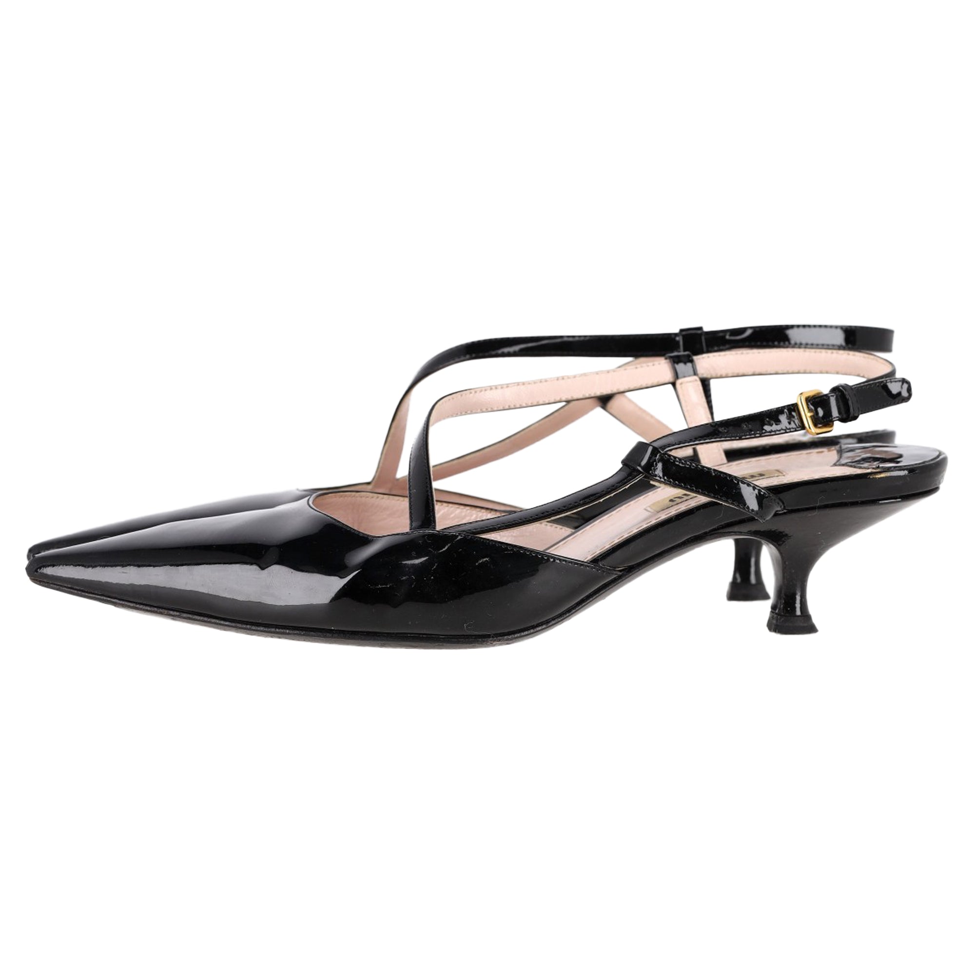 Women's Miu Miu Pointed-Toe Kitten-Heel Pumps in Black Patent Leather