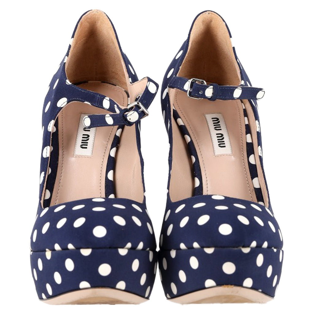 Women's  Miu Miu Polka Dot Mary Jane Platform Pumps in Navy Blue Canvas