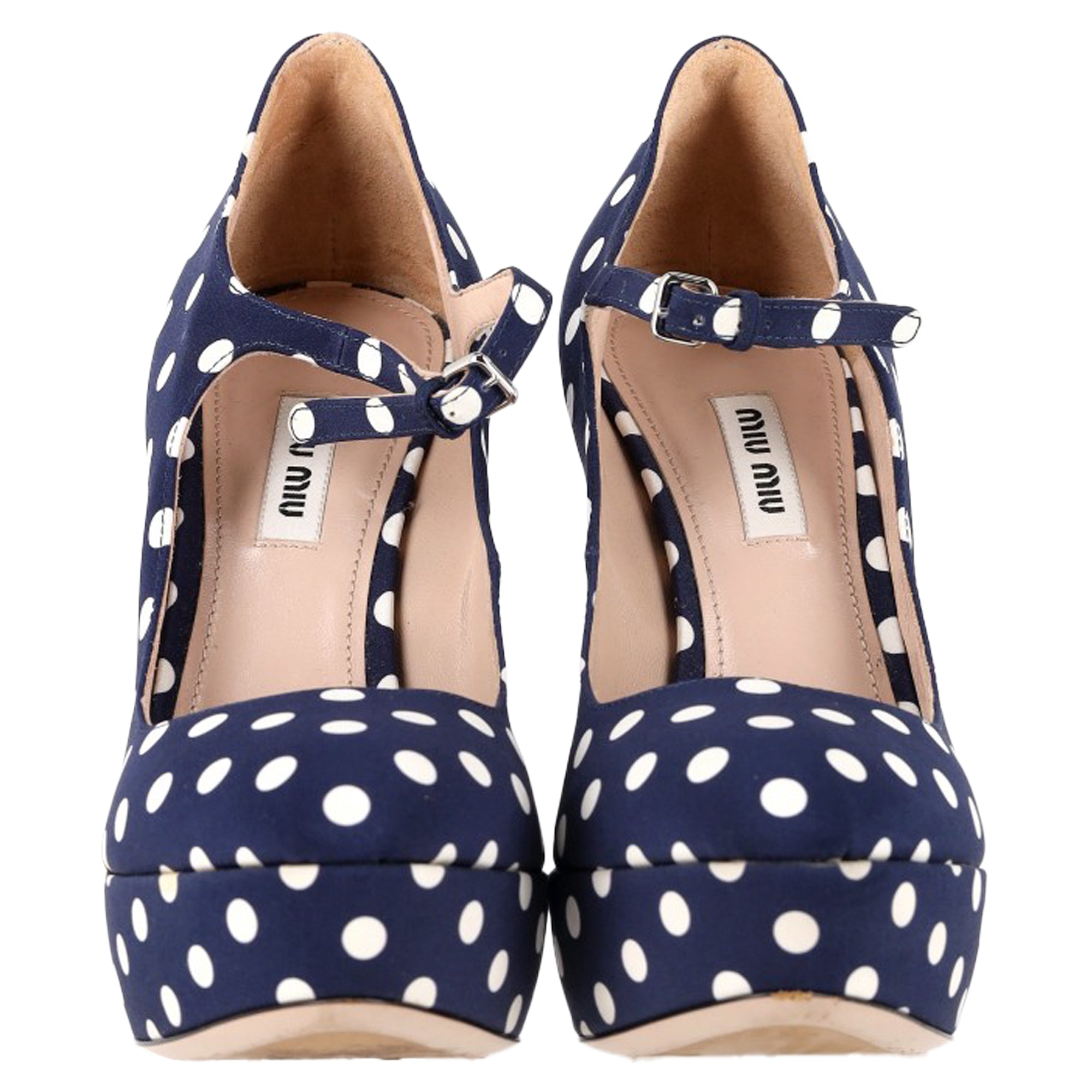 Women's  Miu Miu Polka Dot Mary Jane Platform Pumps in Navy Blue Canvas